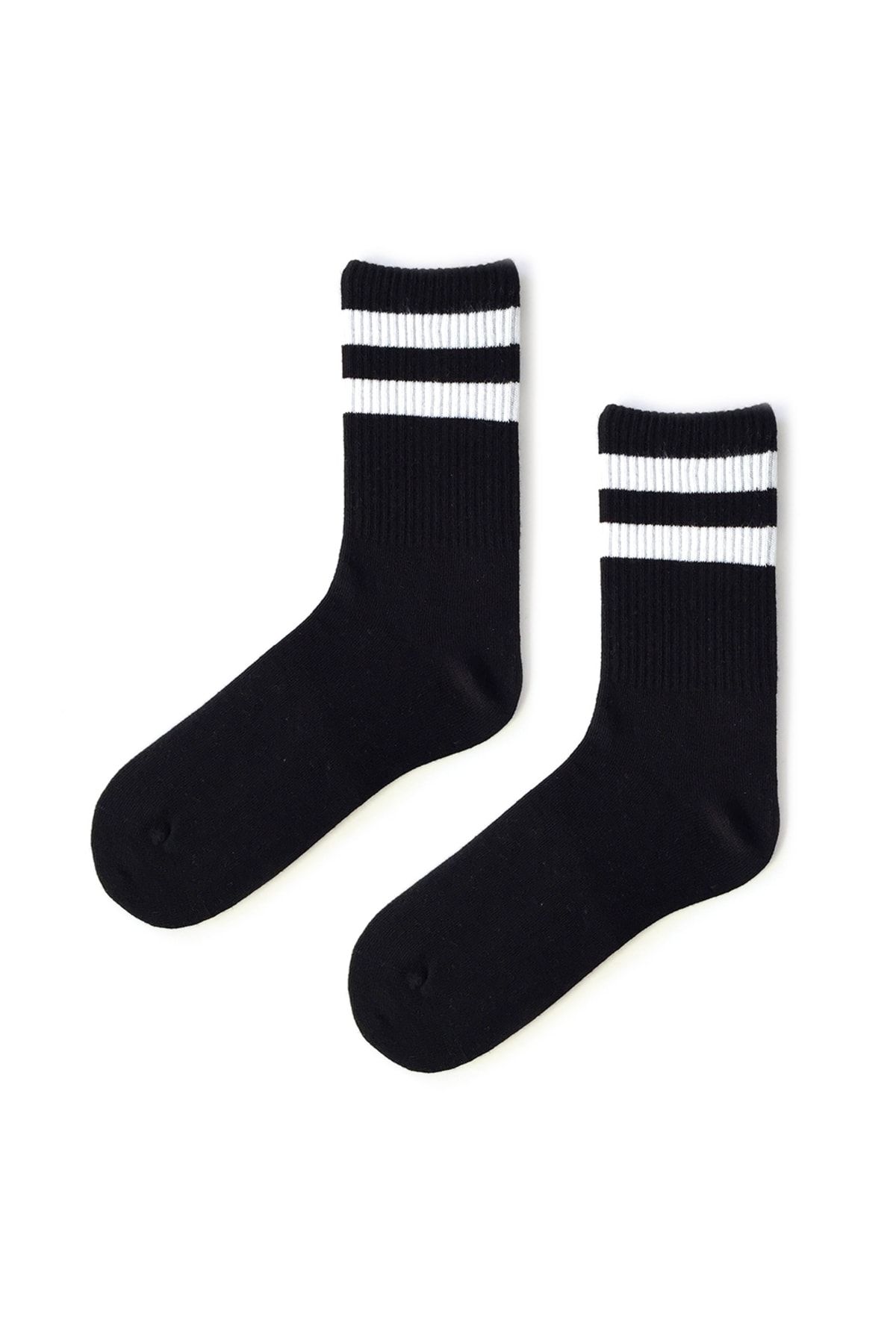 Socks Stations Ünisex Siyah Renkli , Beyaz Çizgili Uzun Kolej Spor Çorap