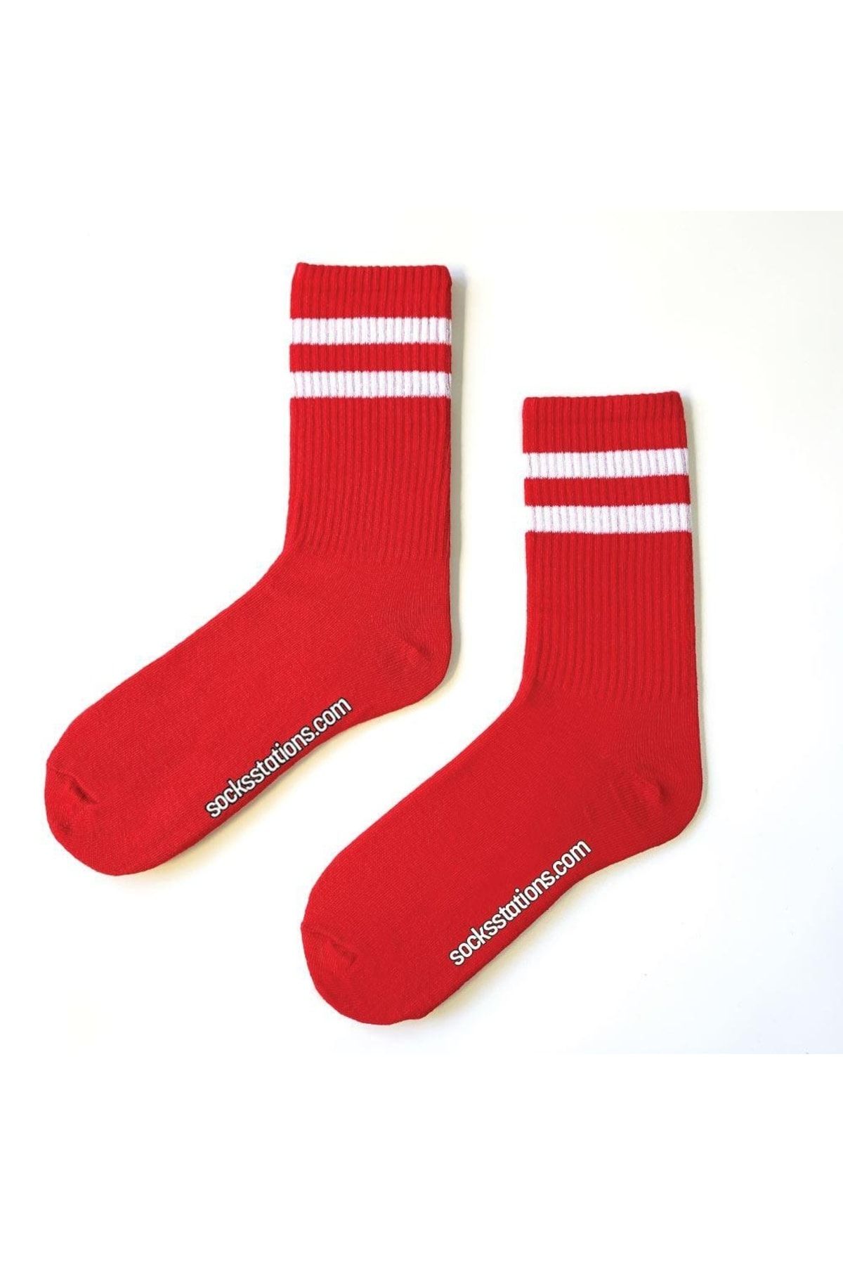 Socks Stations Ünisex Kırmızı Renkli , Beyaz Çizgili Uzun Kolej Spor Çorap