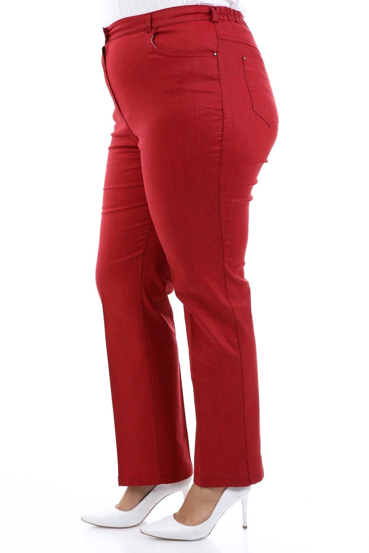 Buket Büyük Beden Beli Lastik Detaylı Kırmızı Kanvas Pantolon