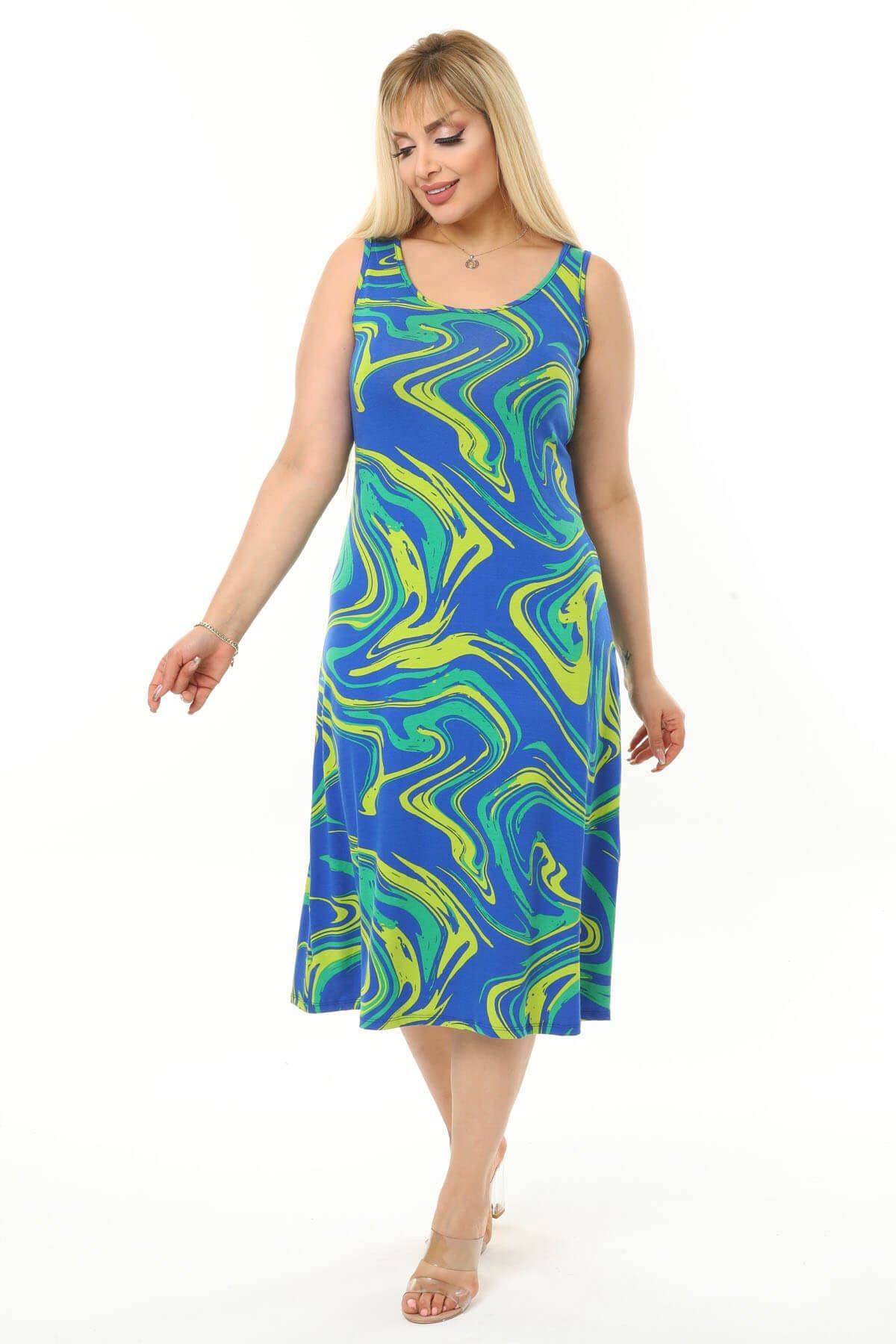 Mooi XXL Kadın Mavi Yeşil Dalga Desenli Askılı Büyük Beden Elbise