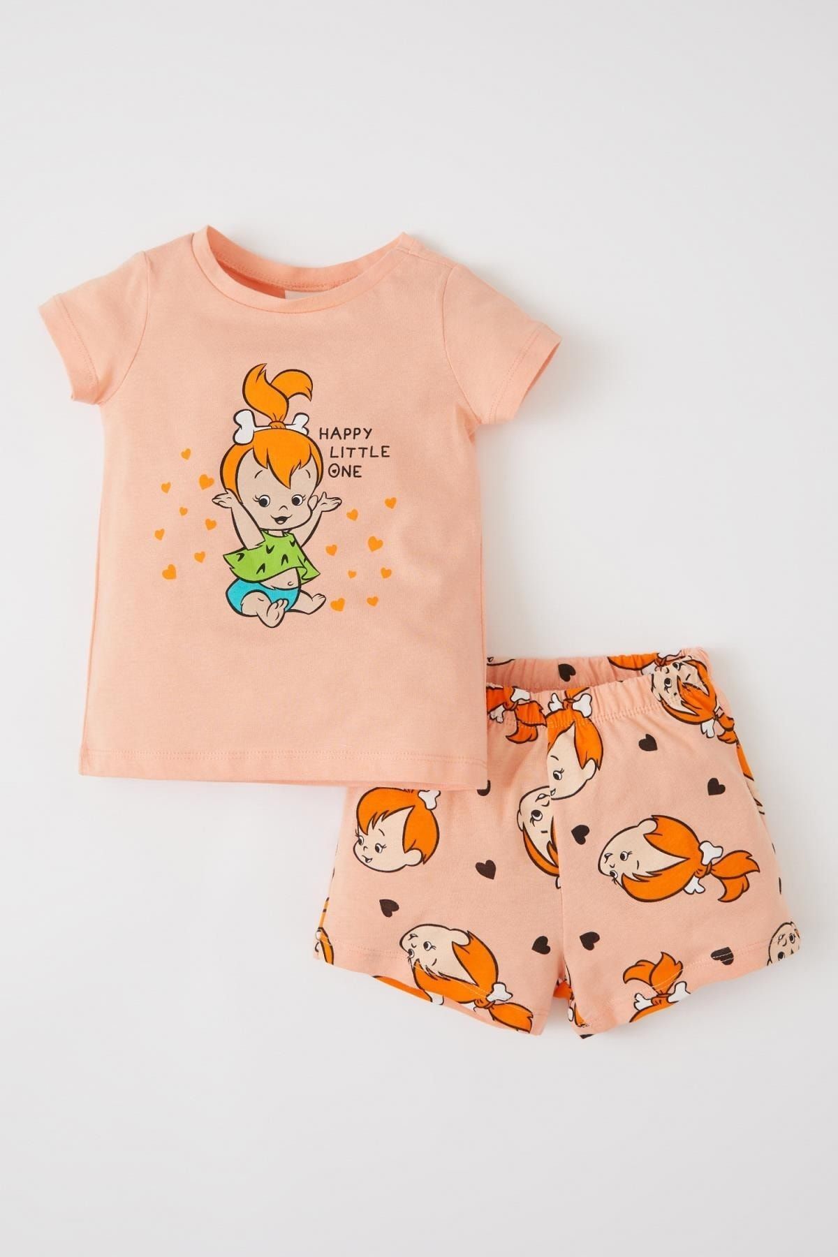 Defacto Kız Bebek Taş Devri Pamuklu Kısa Kollu Şort Pijama Takım