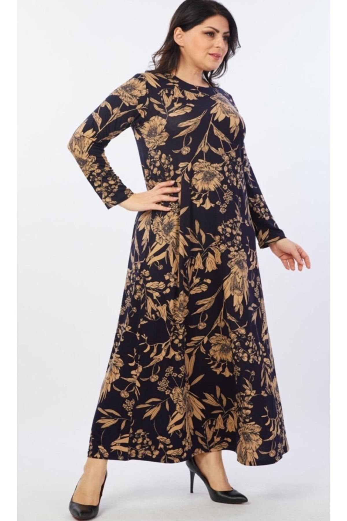 Şirin Butik Kadın Lacivert Çiçek Desenli Esnek Viskon Elbise