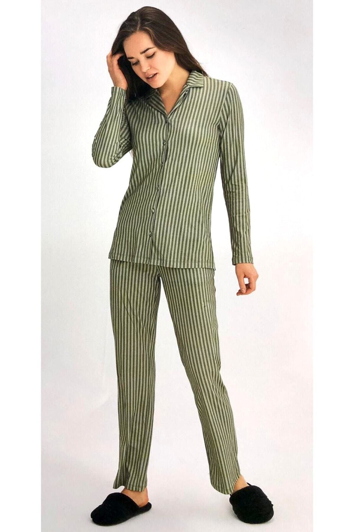 Eros Pijama Kadın Yeşil Çizgili Gömlek Pijama Takımı 27690