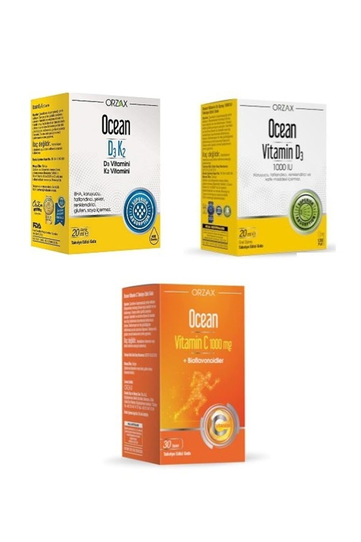Ocean D3k2 Vitamin 20 ml Damla+ocean D3 1000 Iu Sprey+ocean 1000 Mg C Vitamin 30 Tablet