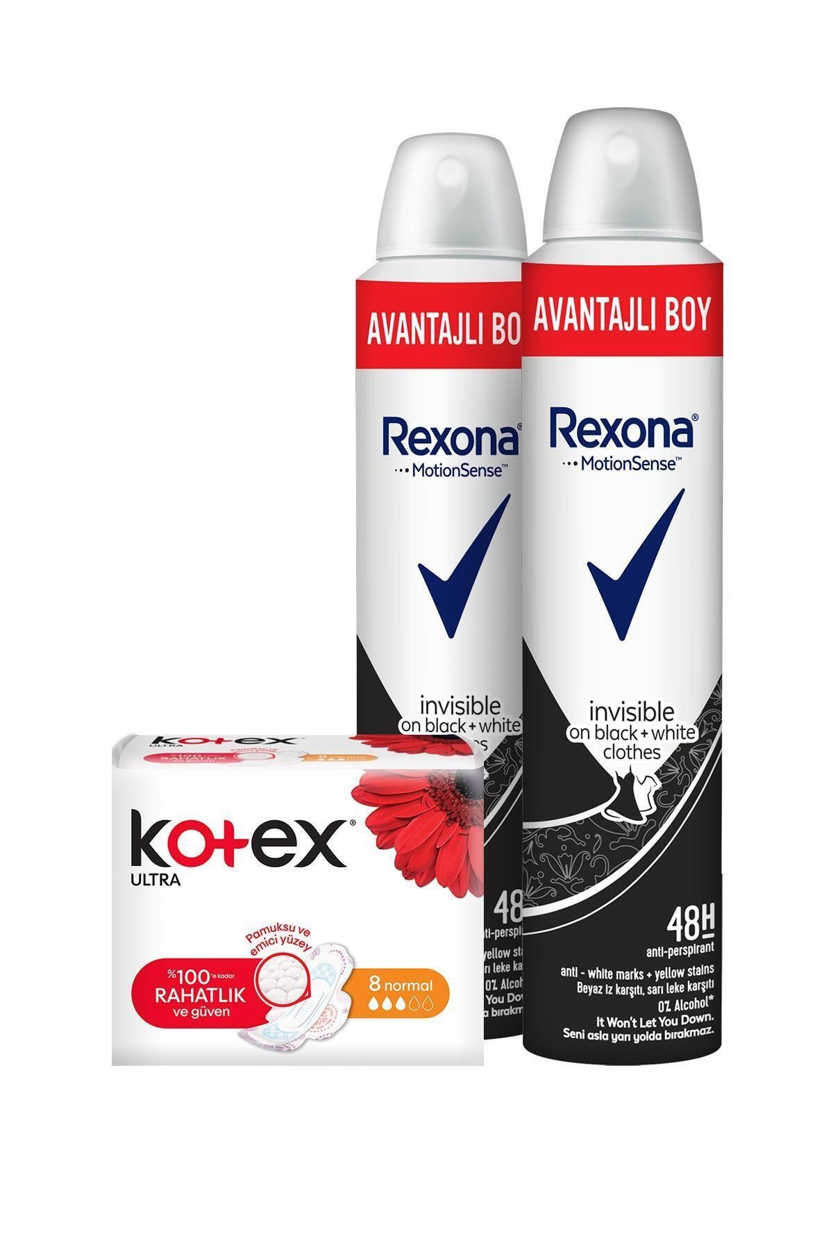Rexona Invisible Black & White Deodorant Sprey 200 ml X 2 + Kotex Ultra Normal Ped 8'li