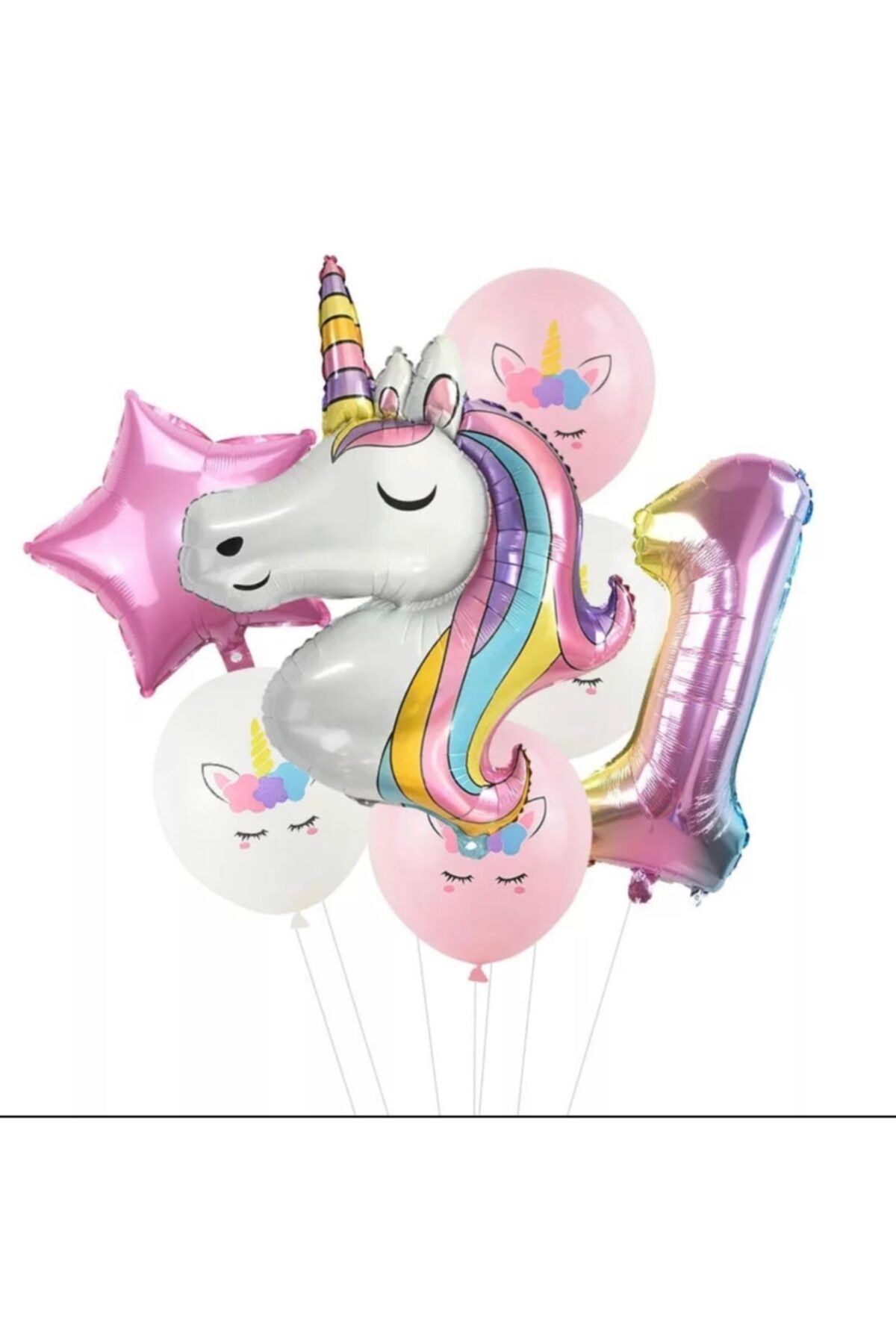 QUEEN AKSESUAR 7 Parça Dev Unicorn 1 Yaş Harf Yıldızlı Folyo Balon Seti Doğumgünü Yaşgünü