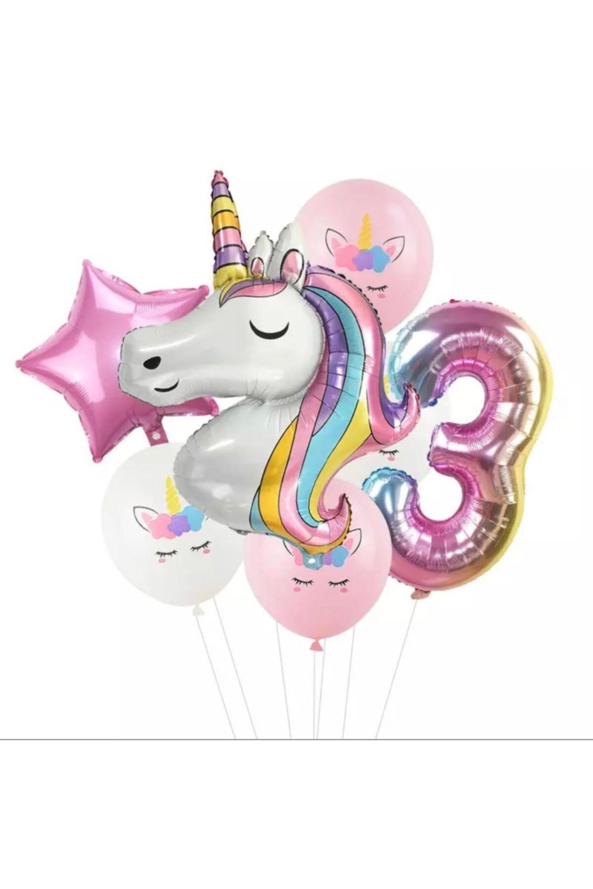 QUEEN AKSESUAR 7 Parça Dev Unicorn 3 Yaş Harf Yıldızlı Folyo Balon Seti Doğumgünü Yaşgünü