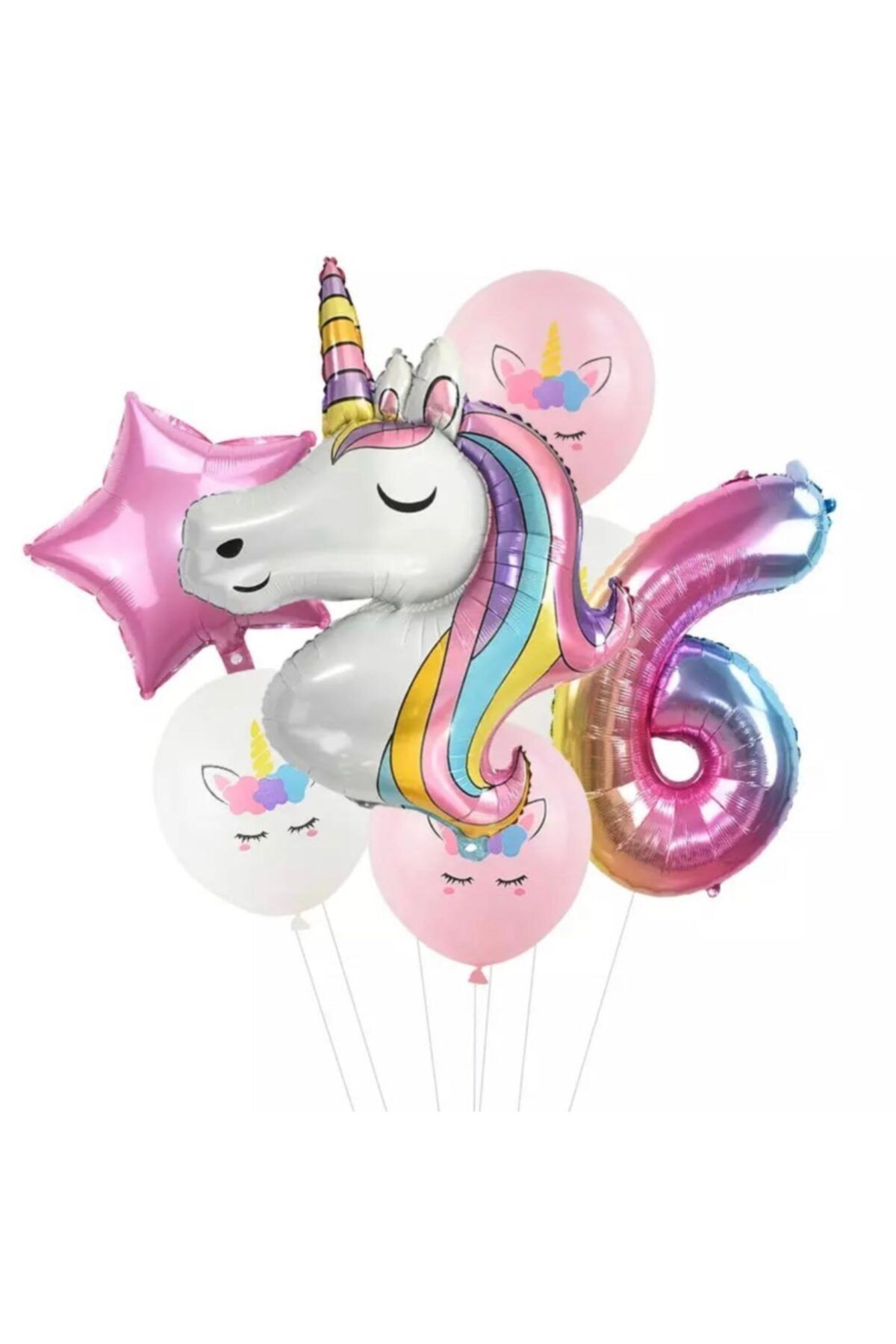 QUEEN AKSESUAR 7 Parça Dev Unicorn 6 Yaş Harf Yıldızlı Folyo Balon Seti Doğumgünü Yaşgünü