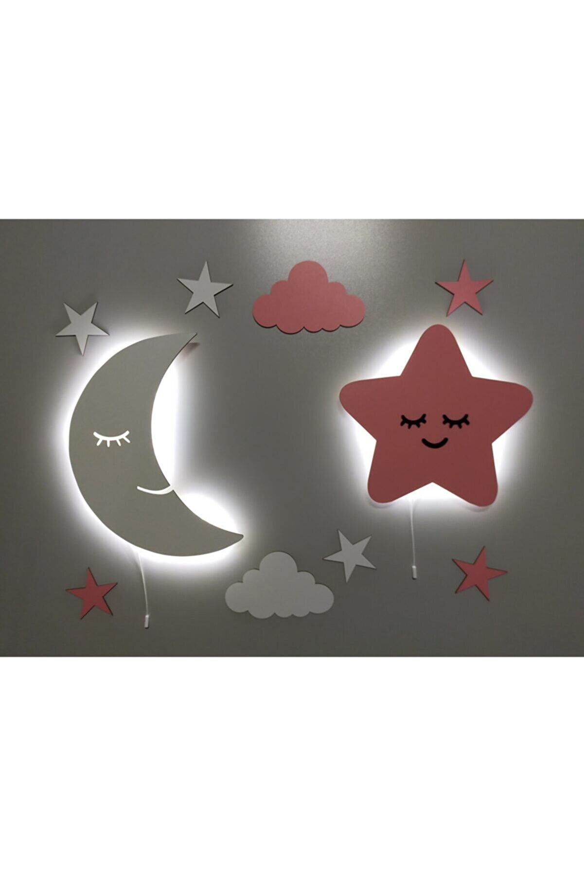 fabrikahşap Çocuk Odası Dekoratif Ahşap Ay Sevimli Yıldız Gece Lambası Ledli Aydınlatma