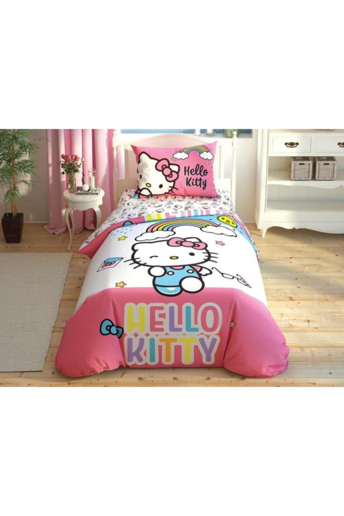 Taç Hello Kitty Rainbow Çarşafı Lastikli Pamuk Tek Kişilik Nevresim Takımı