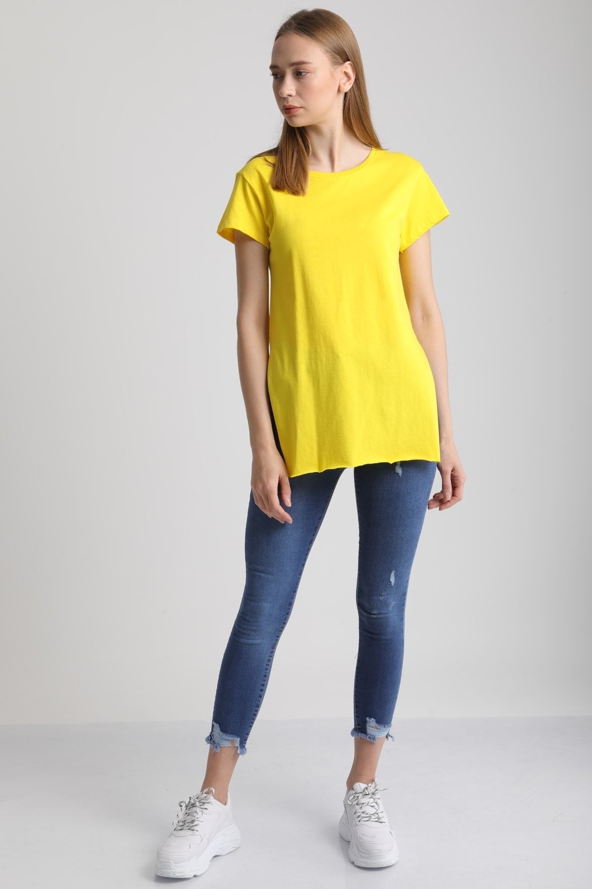 MD trend Kadın Bisiklet Yaka Yırtmaçlı Pamuklu T-shirt/sarı
