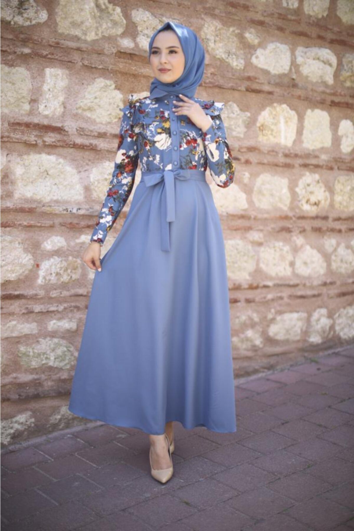 ModaMihram Kolları Fırfır Detaylı Tesettür Elbise Bebe Mavisi