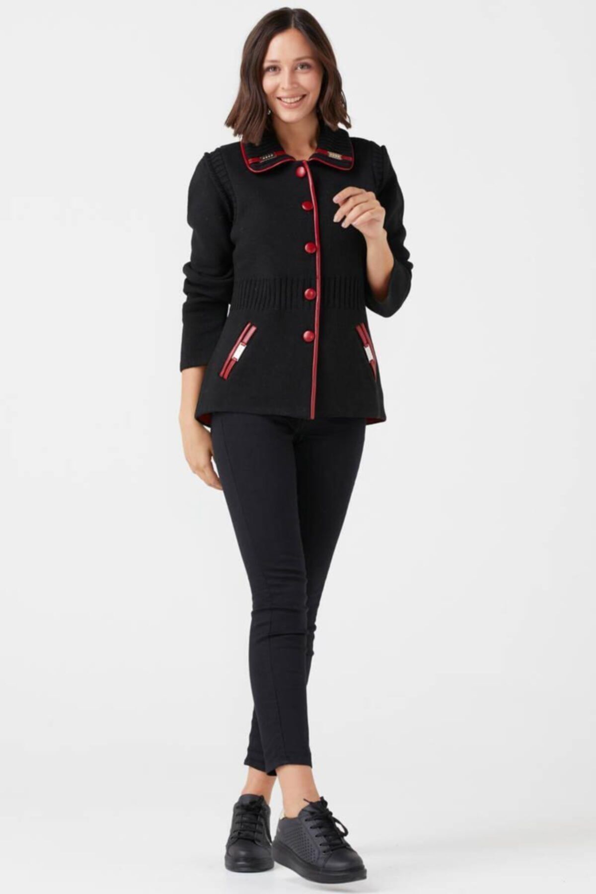 Sementa Kadın Düğmeli Triko Ceket - Siyah - Kırmızı