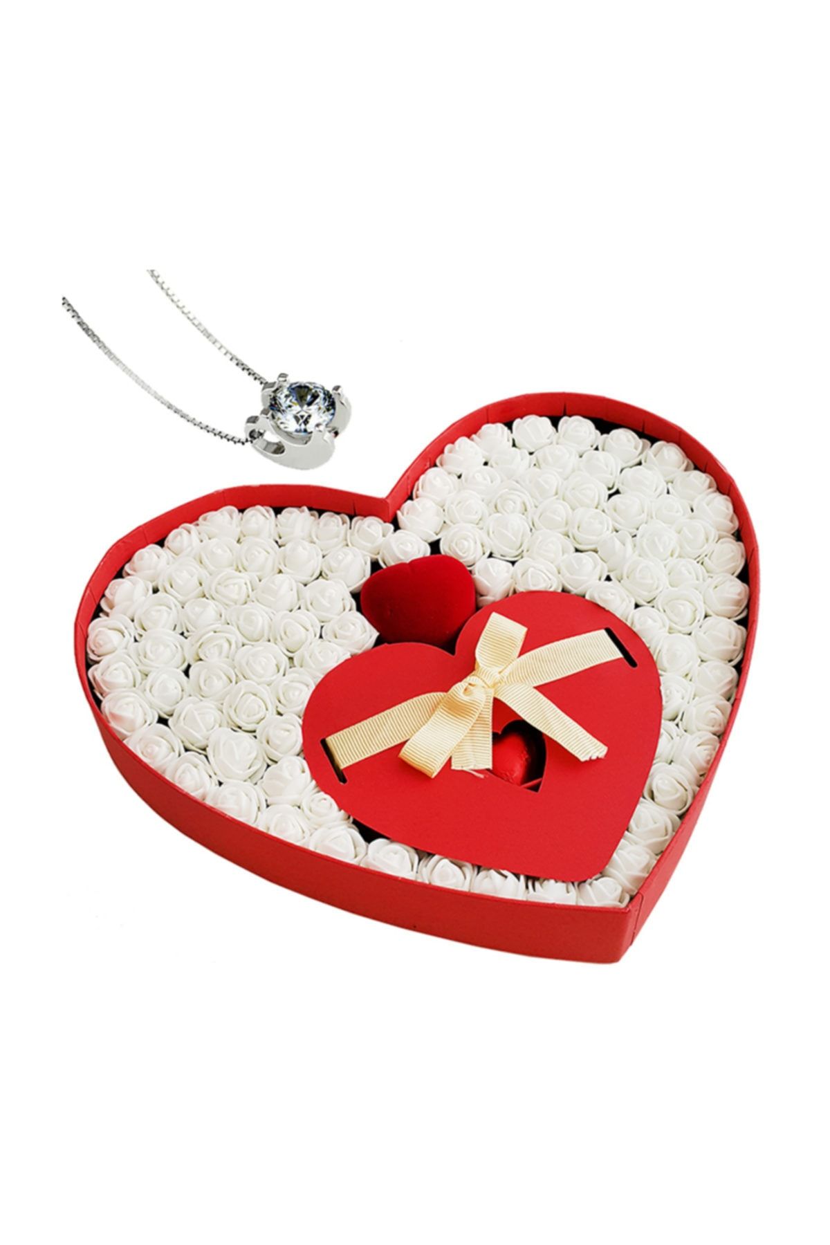 Chavin Takı Setli Kalp Kutulu Çikolatalı Beyaz Mini Güller Yap37