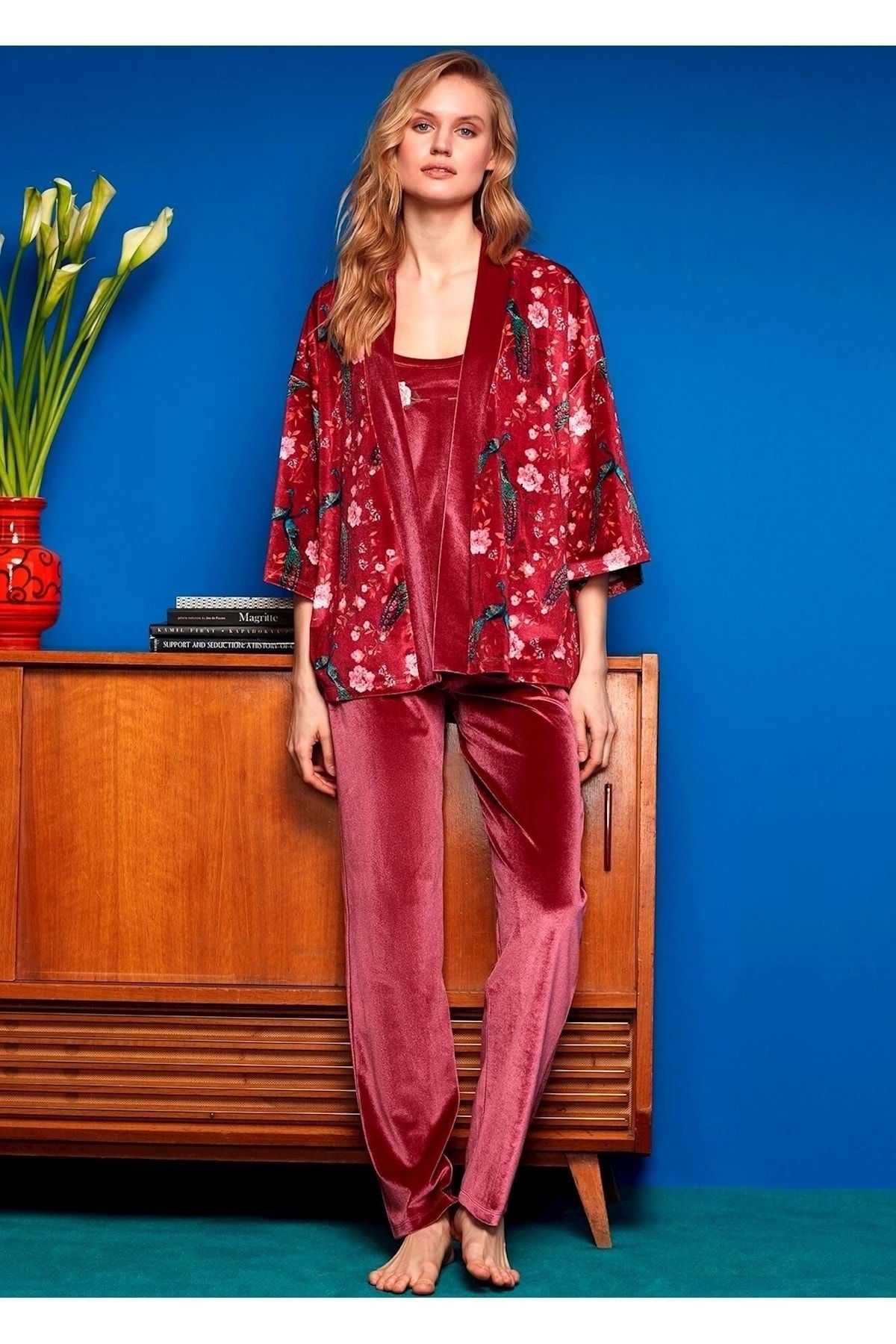 Penye Mood Kadın Bordo 3'lü Pijama Takımı 8401