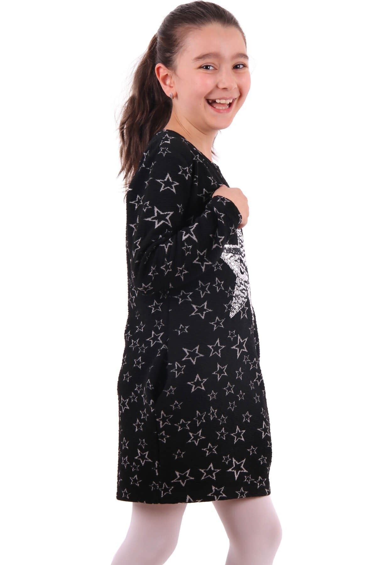Breeze Kız Çocuk Elbise Pullu Yıldız Işlemeli 6-12 Yaş, Siyah