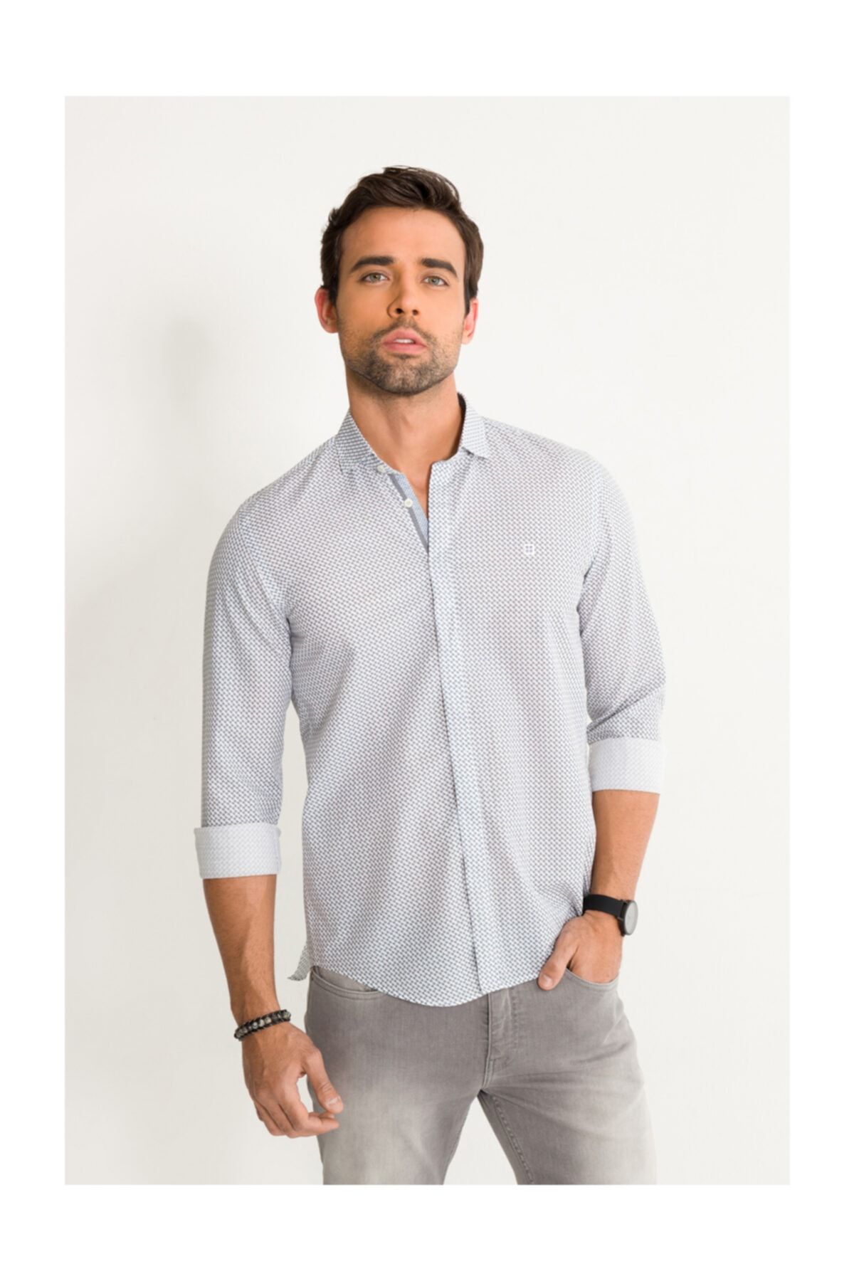 Avva Erkek Gri Baskılı Italyan Yaka Slim Fit Gömlek A01y2050