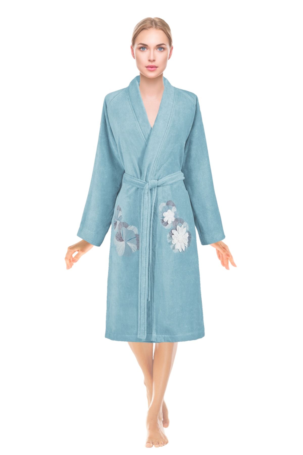 Tanem Home Kimono Bornoz Kadife Aqua %100 Pamuk Çift Nakışlı Dantelli