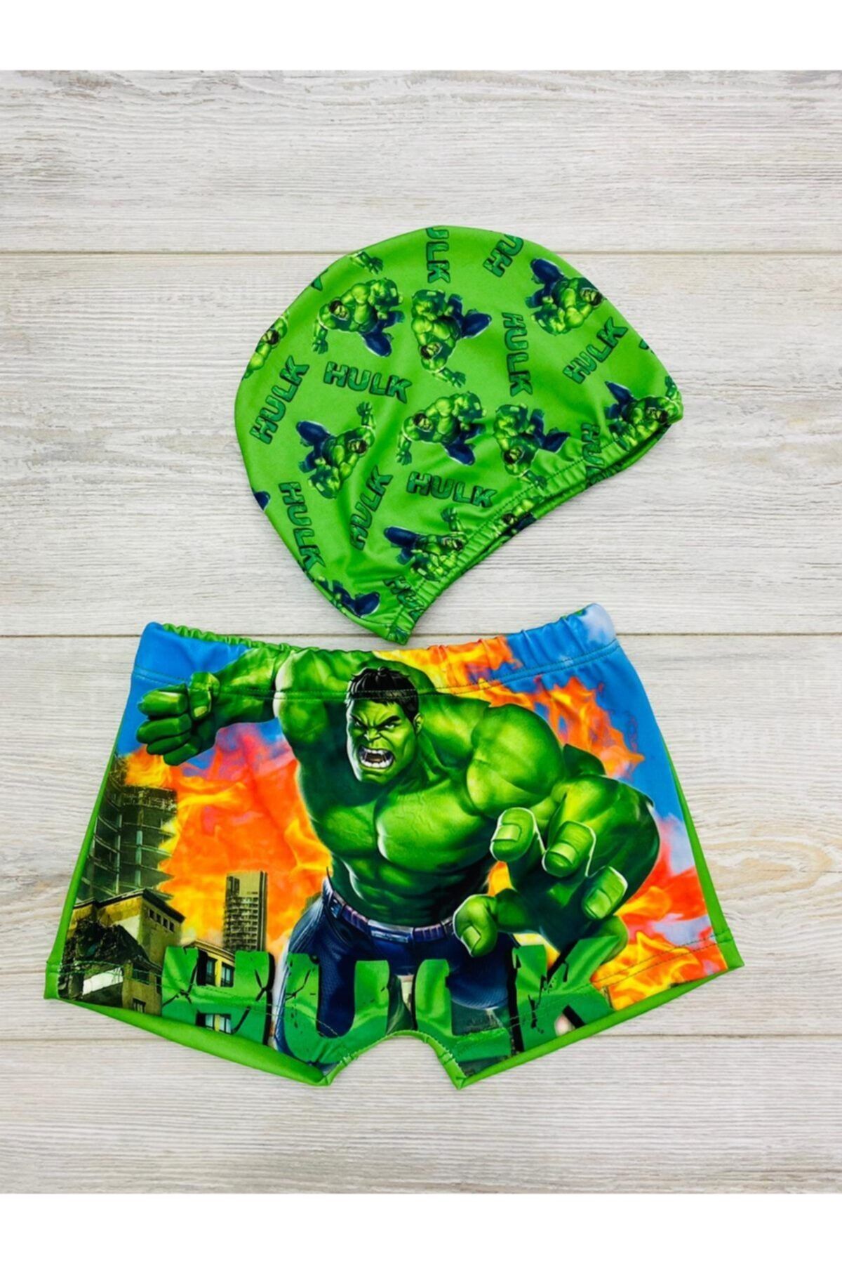 Genel Markalar Erkek Çocuk Yeşil Hulk Mayo ve Bone Takım Kostüm