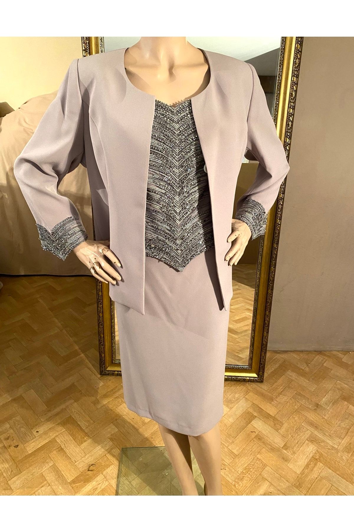 Exspica Haute Couture Işlemeli Bluz Detaylı Vizon Büyük Beden Üçlü Abiye Takım