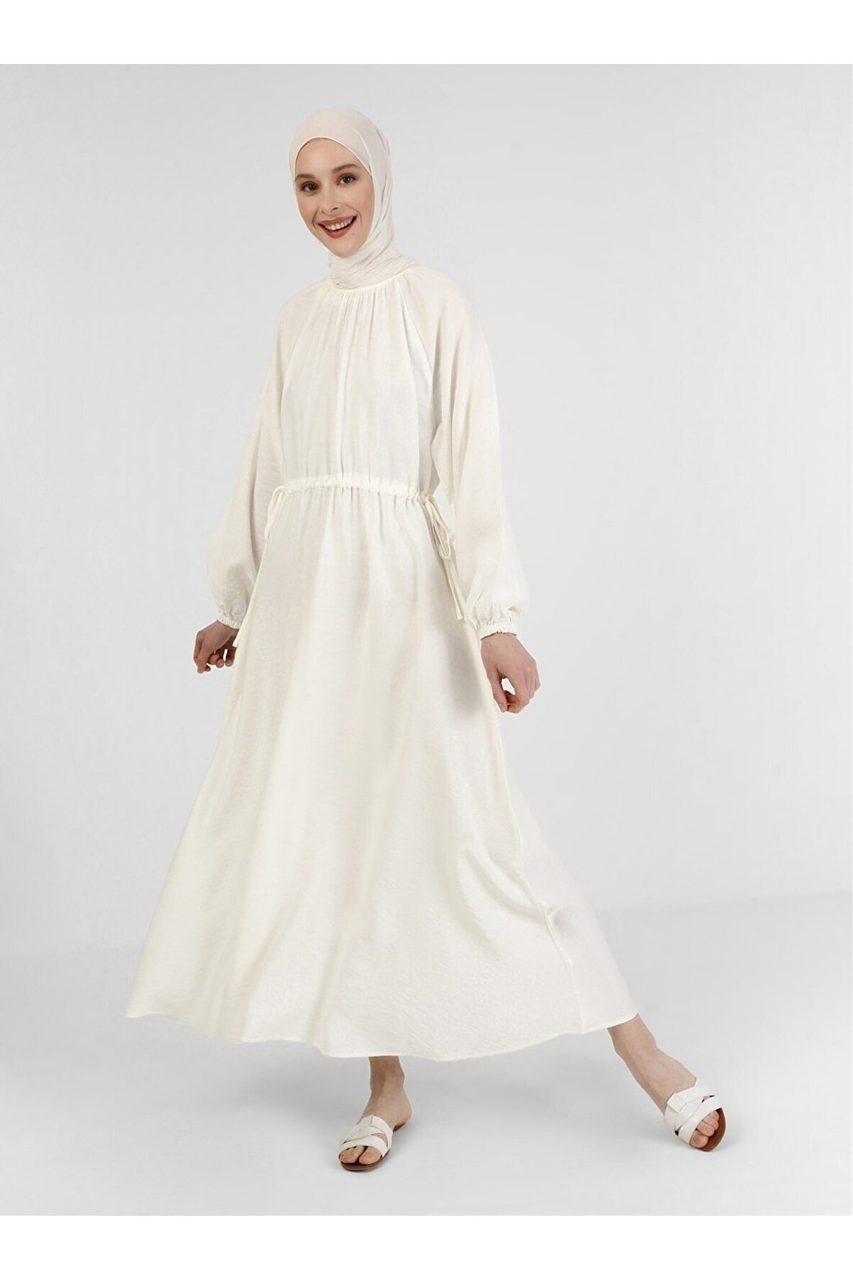 Benin Balon Kol Beli Bağcıklı Elbise - Off White -
