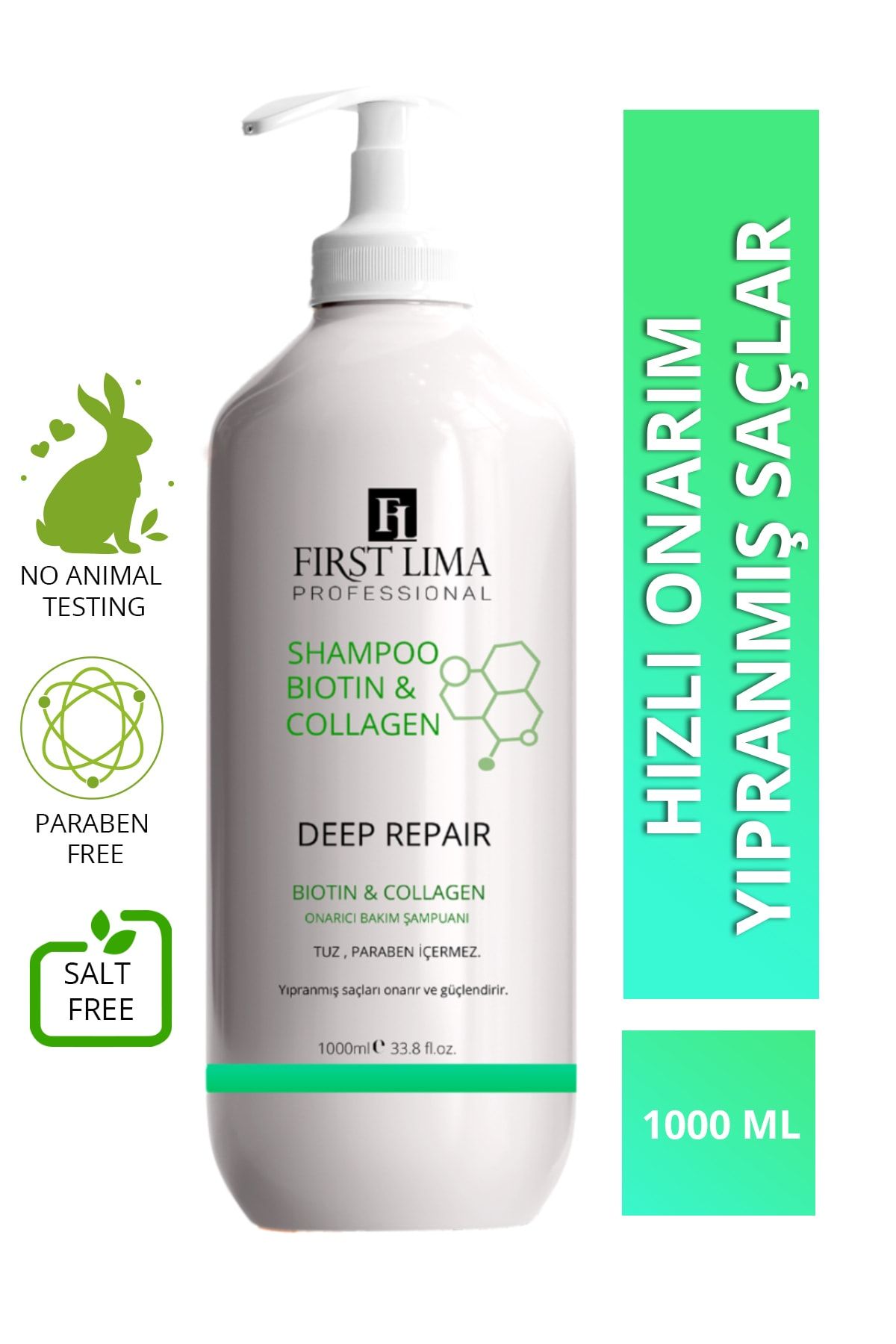 First Lima Professional Yıpranmış Saçlar Için Tuzsuz Onarıcı Biotin & Collagen Şampuanı 1000 Ml