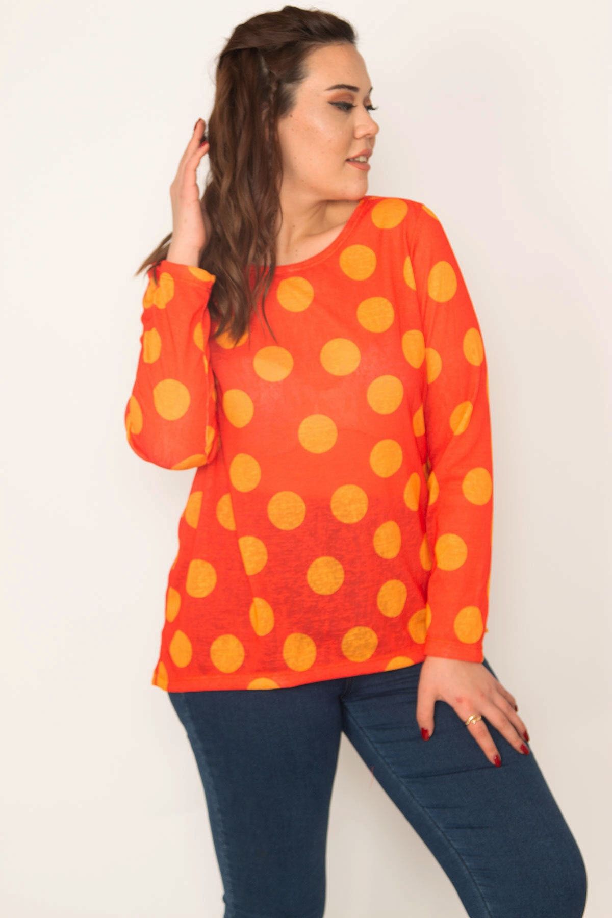 Şans Tekstil Kadın Oranj Bisiklet Yaka Puantiye Desen Bluz 85n7001