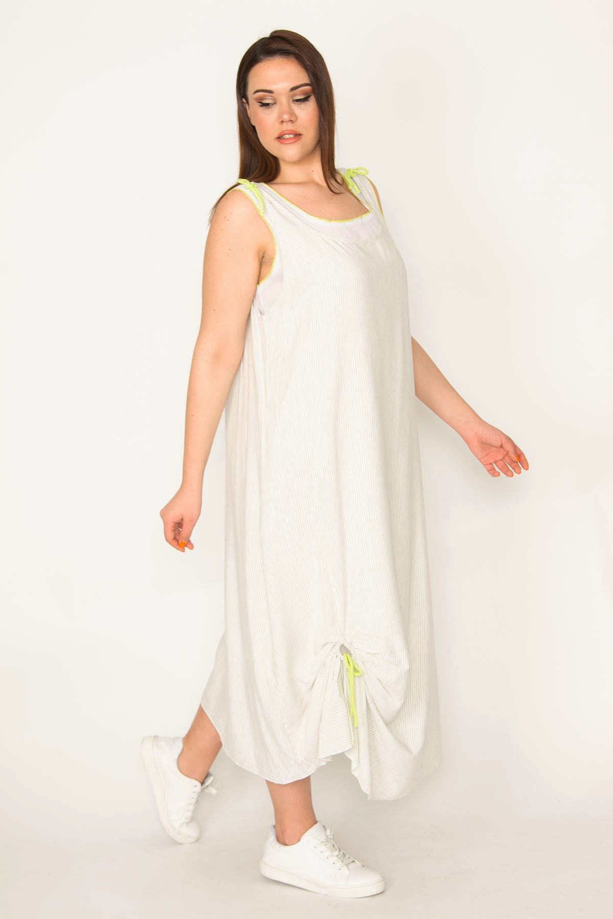 Şans Kadın Kemik Pamuklu Kumaş Askı Ve Eteği Büzme Detaylı İnce Çizgili Astarlı Elbise 65N17874