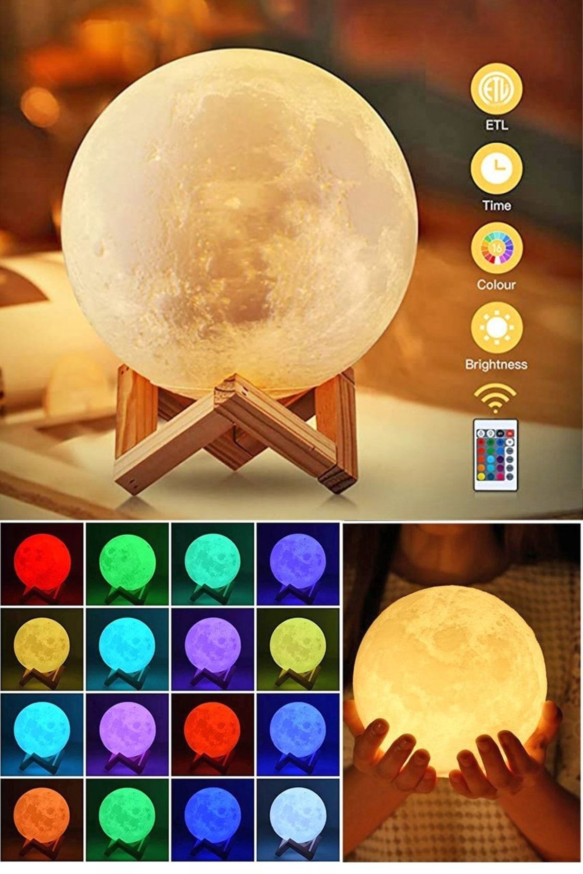 bukashops Büyük Boy 16 Renkli Moon 3d Ay Gece Lambası Şarjlı Kumandalı
