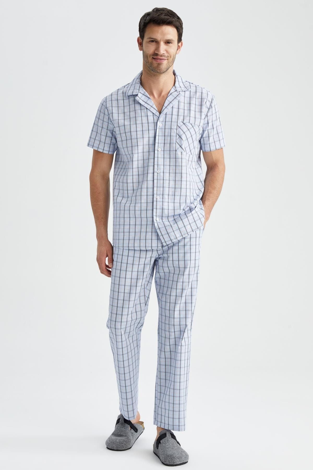 Defacto Regular Fit Kısa Kollu Ekose Desenli Pijama Takımı