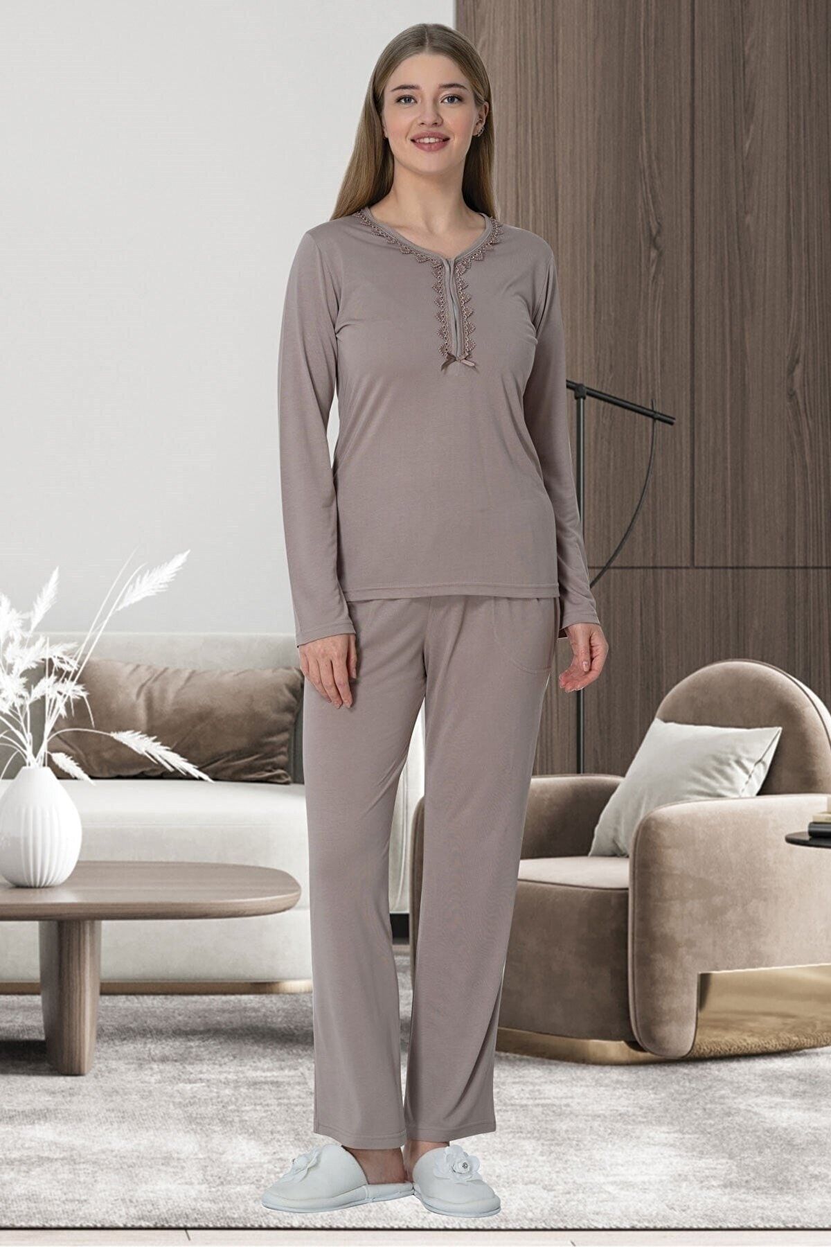 Mecit Pijama Pamuklu Yakası Dantel Detaylı Büyük Beden Kadın Pijama Takımı
