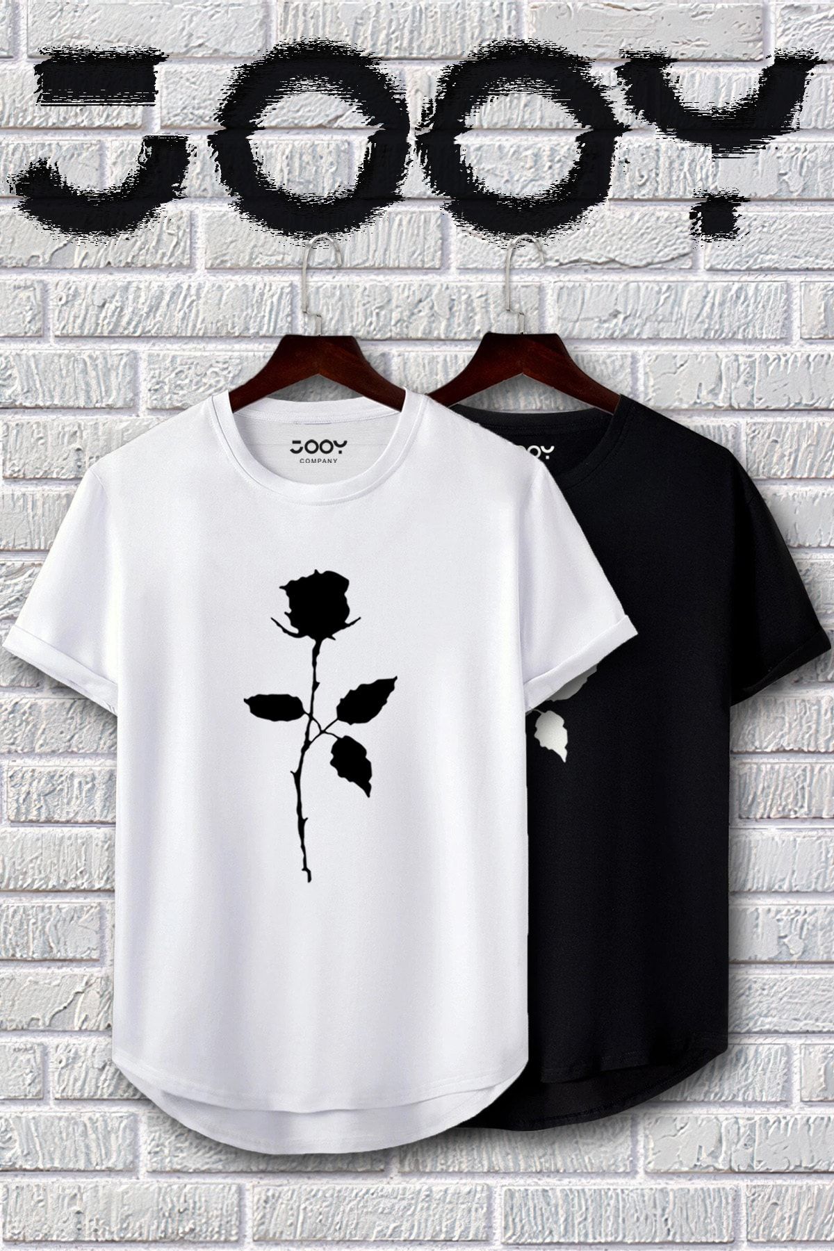 Jooy Company Siyah Beyaz Oval Kesim Gül Tasarım Tshirt 2'li Set