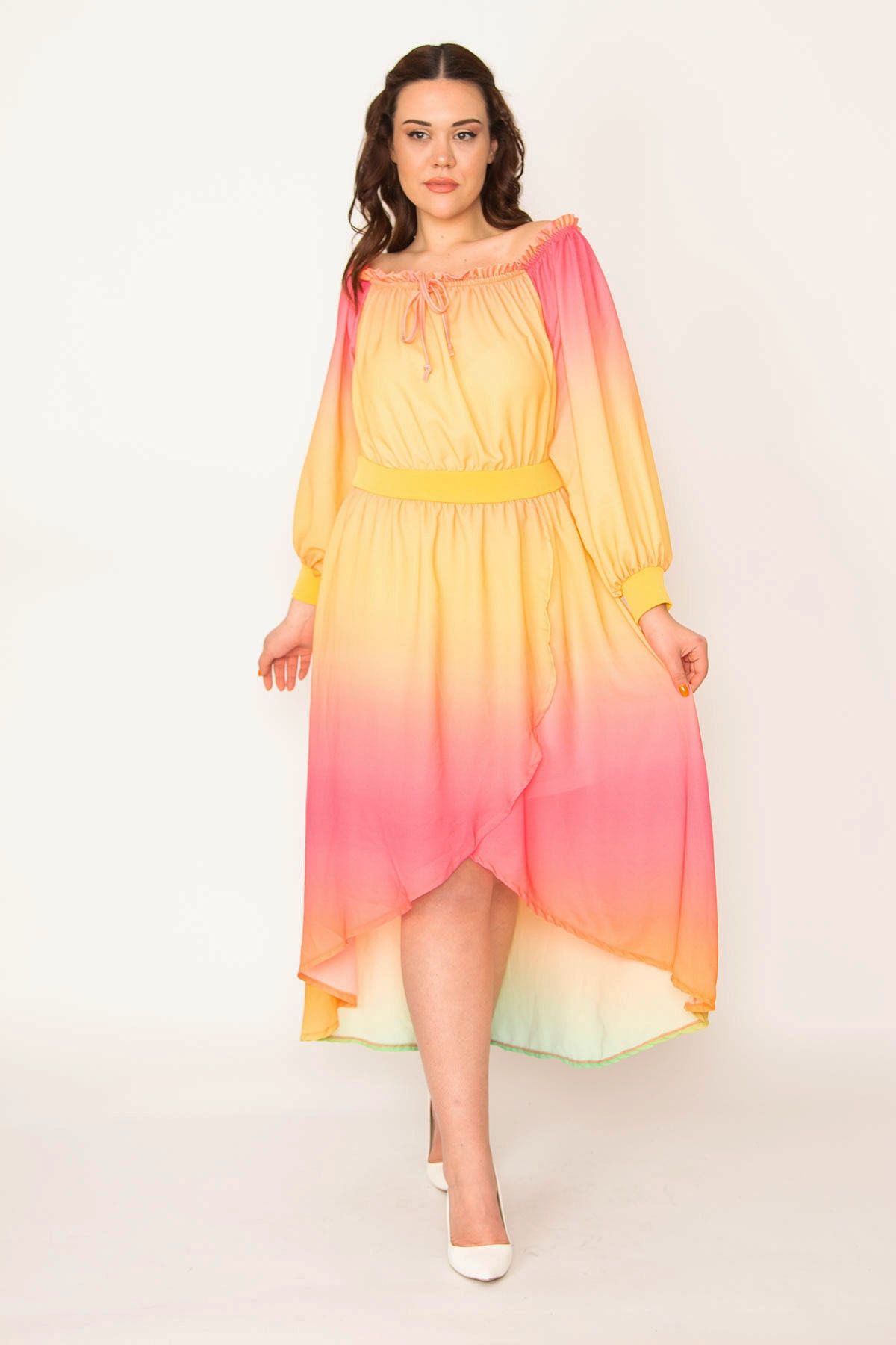 Şans Kadın Büyük Beden Renkli Yaka Ve Beli Lastik Detaylı Arkası Uzun Astarlı Şifon Elbise 65n32598