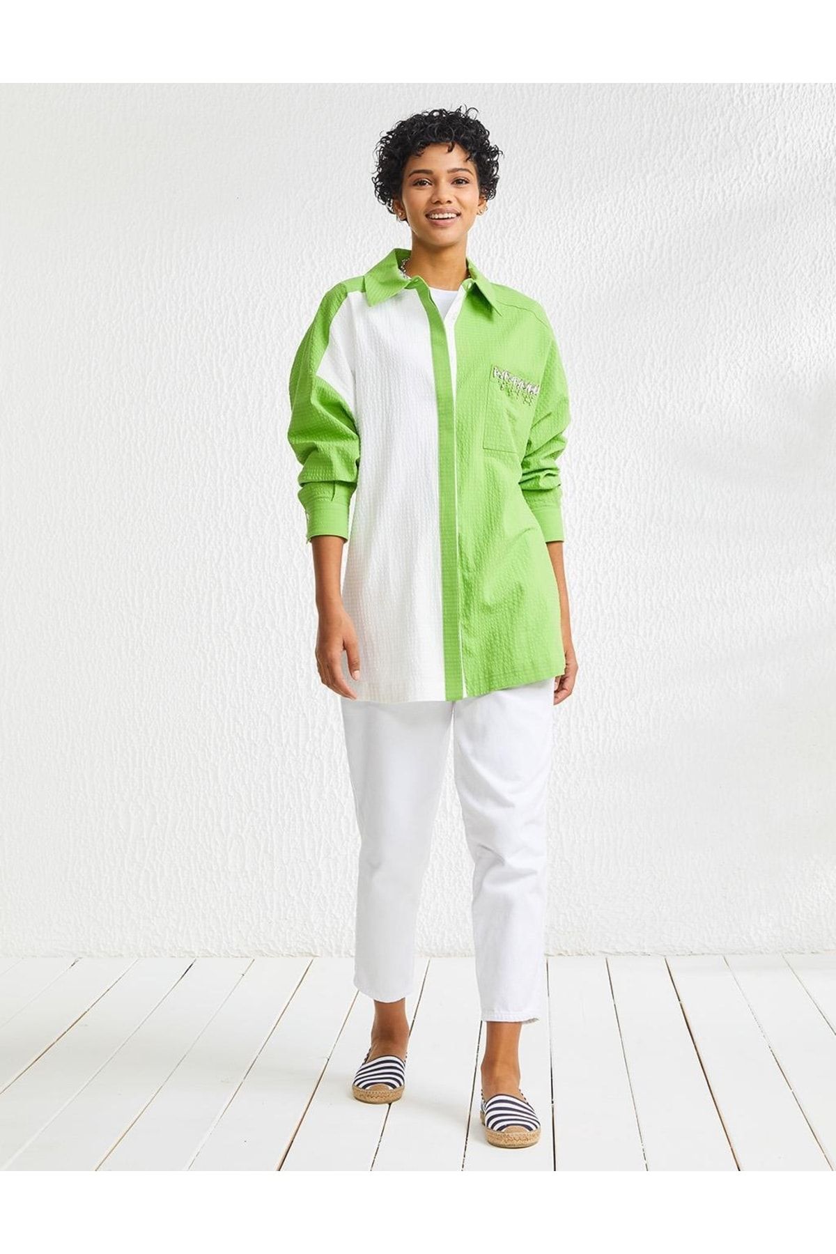 Kayra Boncuk Işlemeli Çift Renkli Gömlek Tunik Yeşil