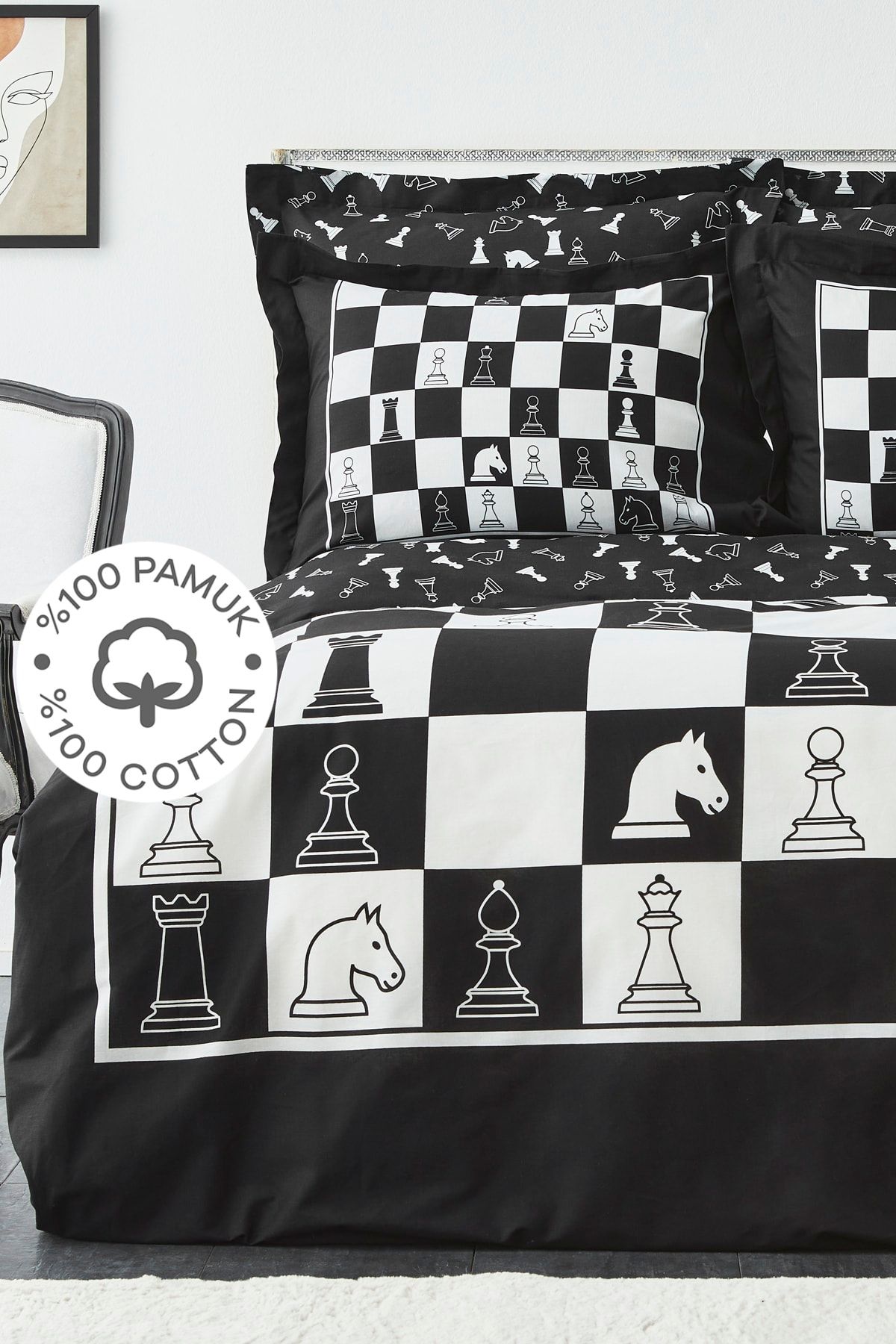 Karaca Home Chess %100 Pamuk Siyah Çift Kişilik Nevresim Takımı