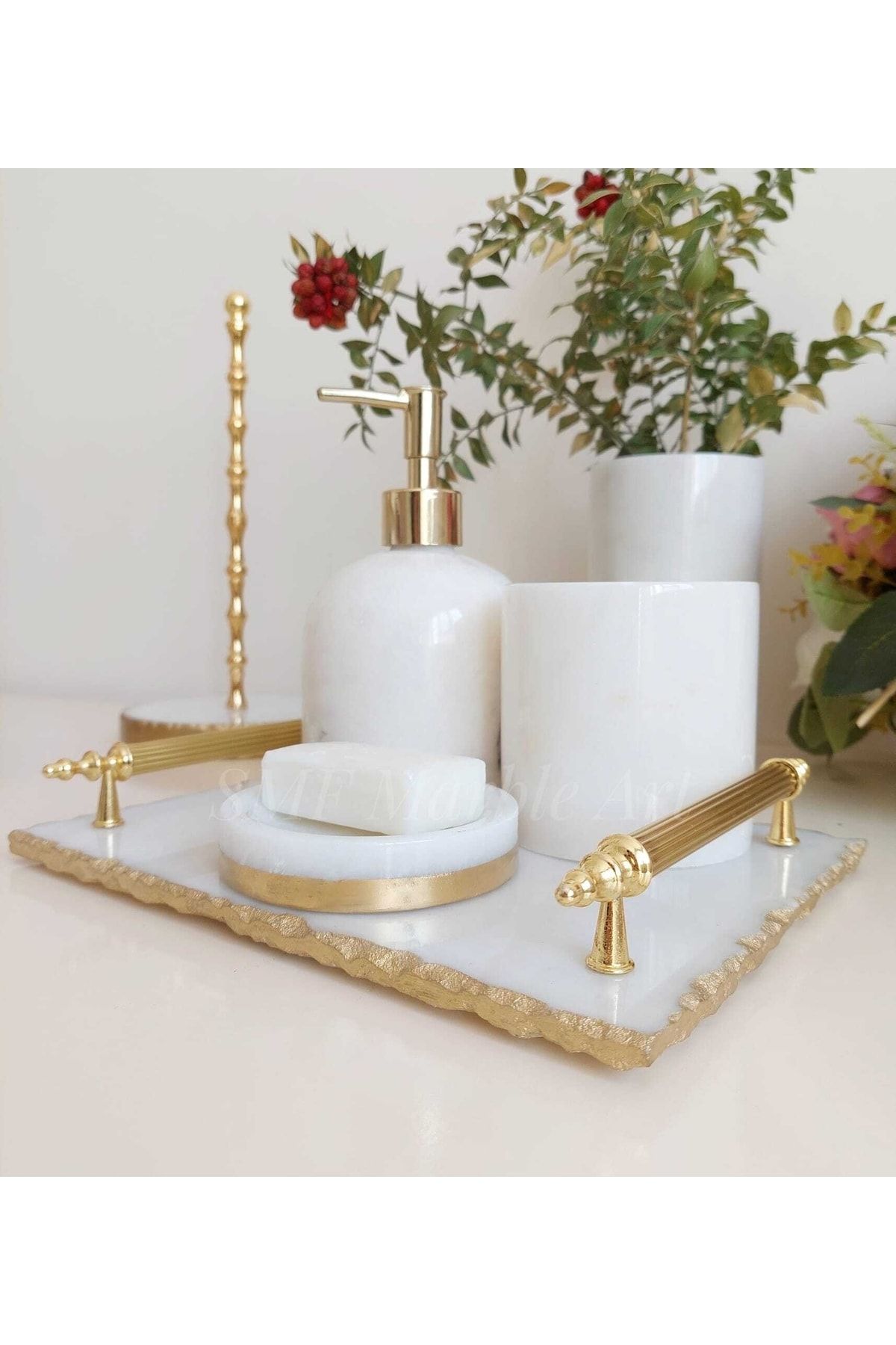Sümeyra Marble Art Royal Cream - Doğal Beyaz Mermer Banyo Seti 6lı | Top Objeli | Gold |
