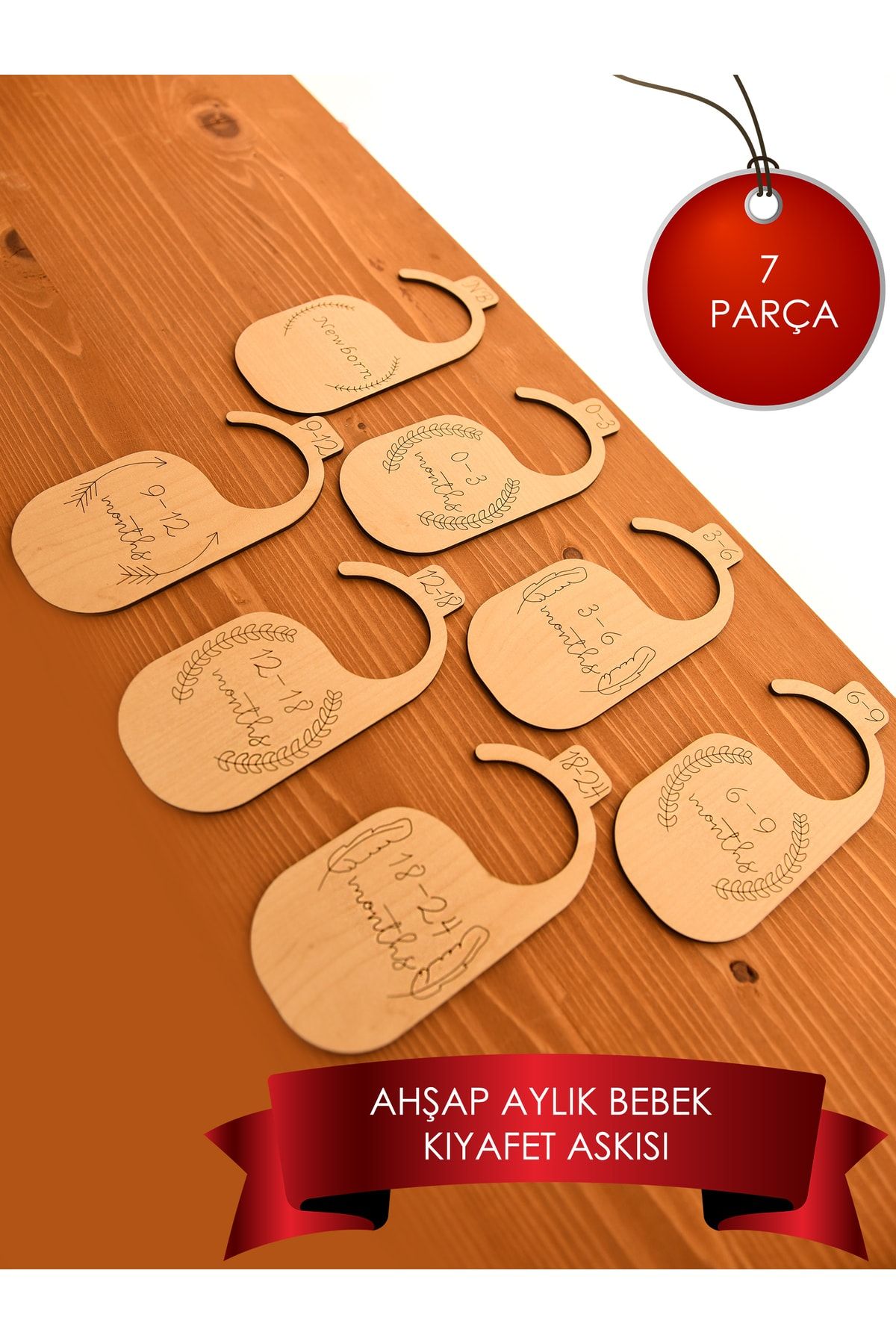 ESKA EVENTS Yaprak Model - Ahşap Bebek Askılığı Aylara Göre Düzenlenmiş 7'li Set Aylık Askı