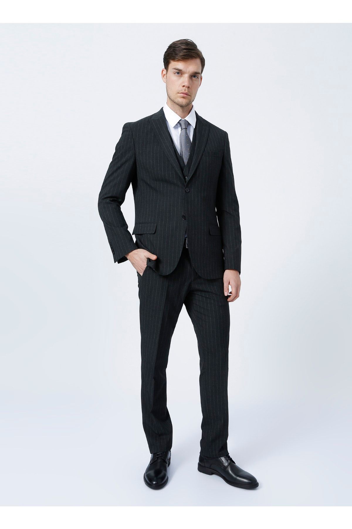 Fabrika Jamıs Ceket Yaka Slim Fit Çizgili Antrasit Erkek Takım Elbise