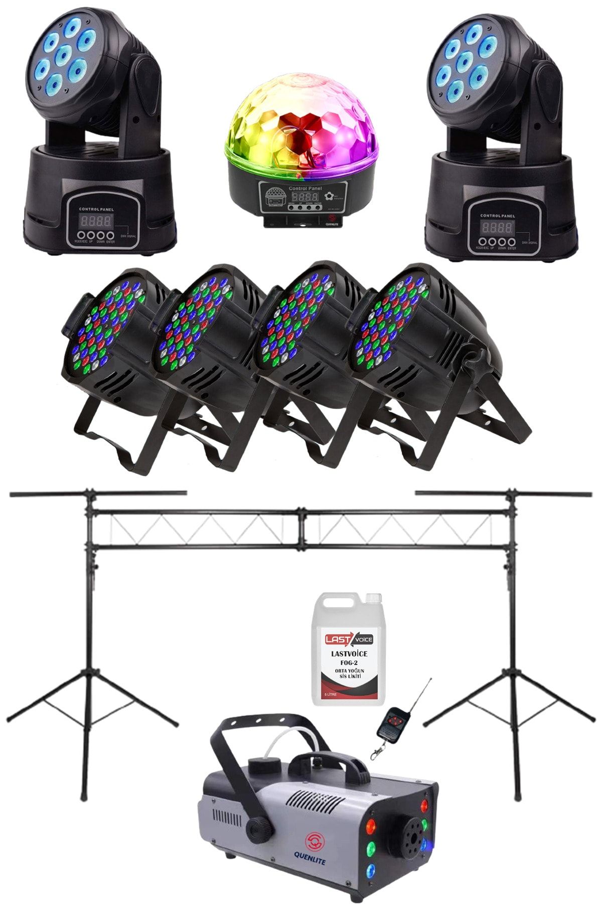 Quenlite Sahne Işık Sistemi Start Paket-4 (stand Top Küre Led Par Robot Strobe Sis)