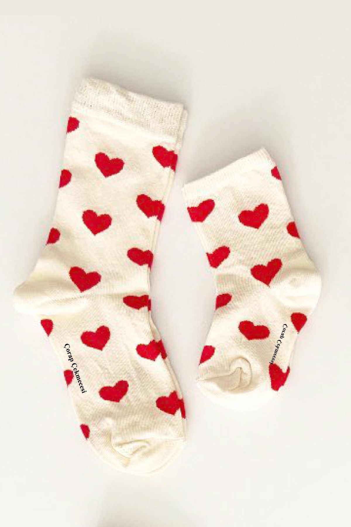 Çorap Çekmecesi Anne Bebek Çorap Kombini Kalp Ekru-kırmızı