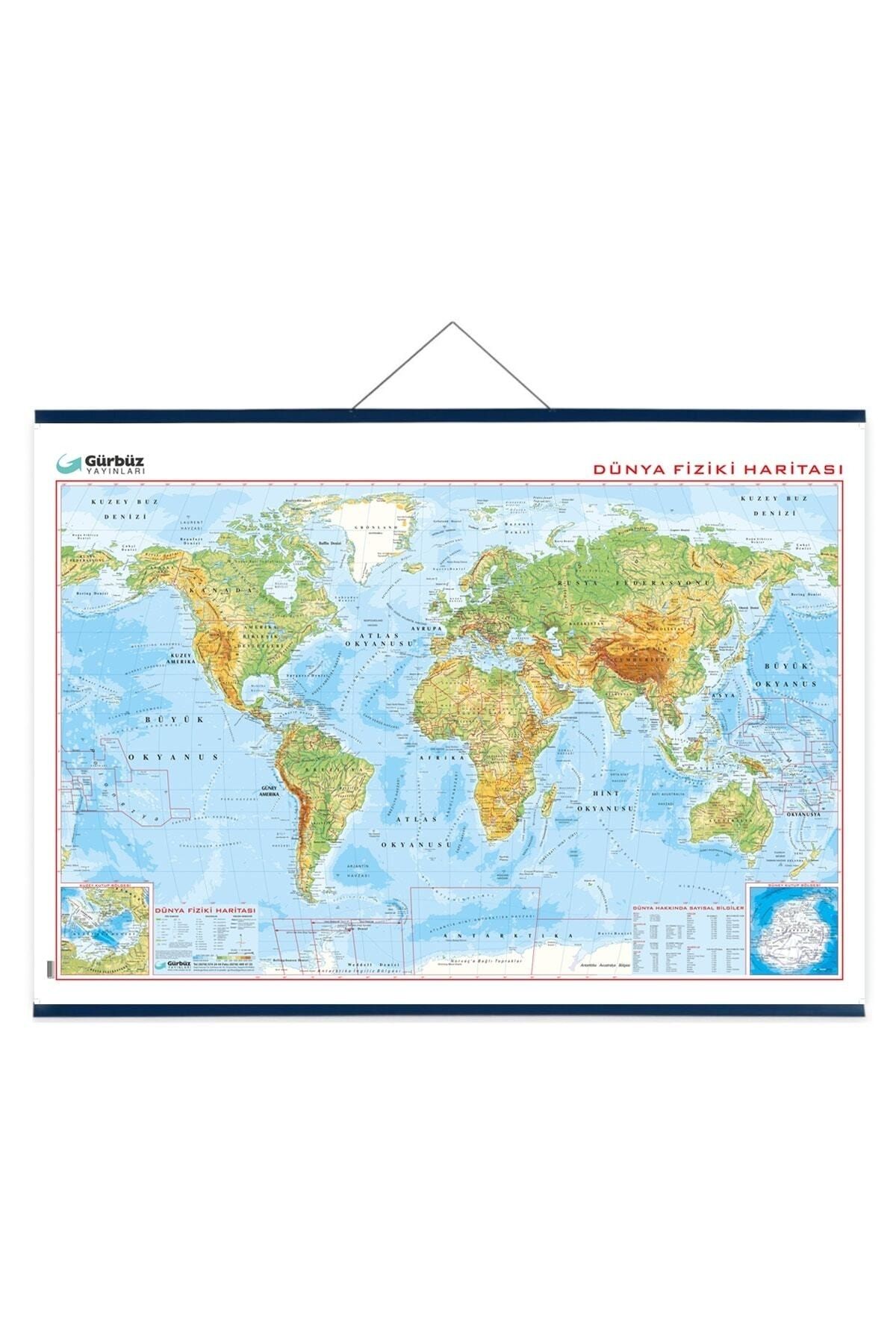 Gürbüz Yayınları Dünya Fiziki Siyasi Haritası 70x100 Çift Taraflı Çıtalı