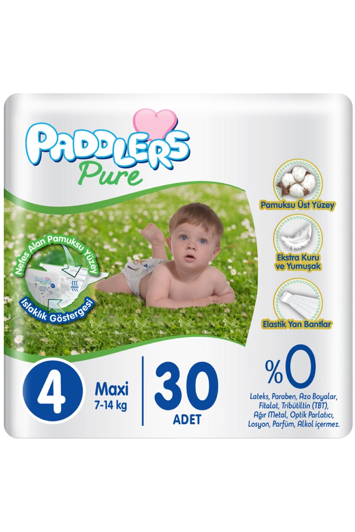 Paddlers Pure Bebek Bezi 4 Numara Maxi 30 Adet (7-14 Kg) Eko Paket