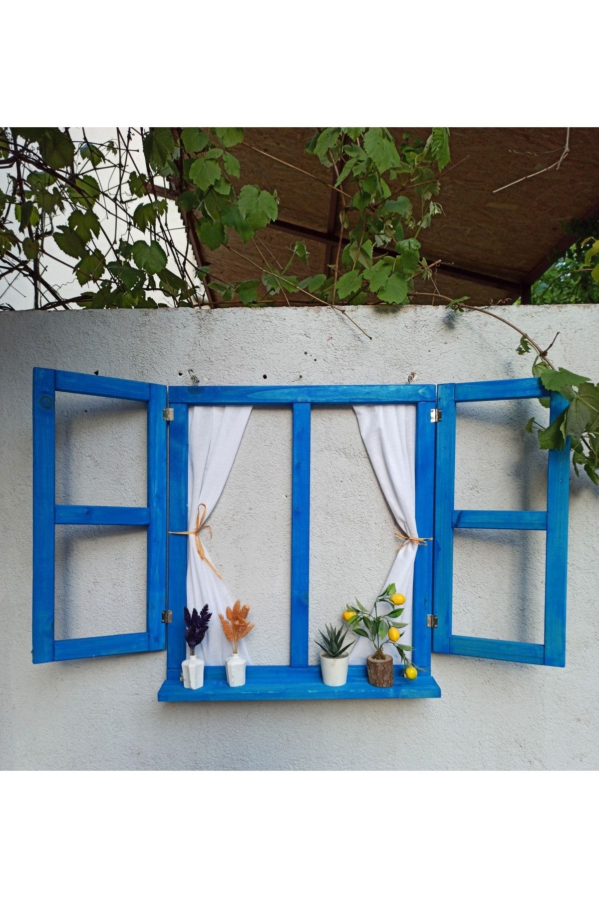 HOHORİ Dekoratif Ahşap Bahçe, Balkon Pencere Panjur Model Saksı Mavi-beyaz