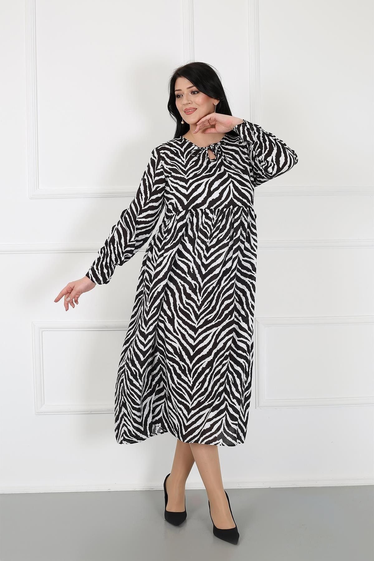 By Alba Collection Kadın Siyah Beyaz Robalı Zebra Desen Pamuk Viskon Uzun Elbise