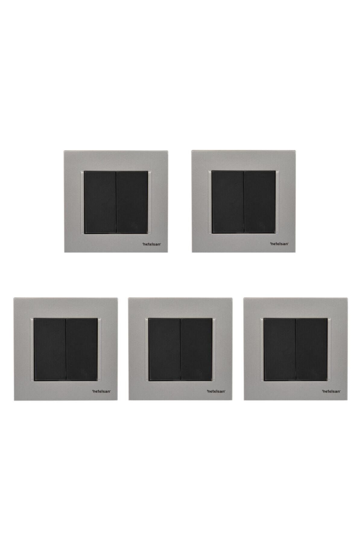 Netelsan Komütatör Renkli Ikili Açma Kapama Düğmesi 5 Adet / Gümüş Mat - Siyah / Komütatör