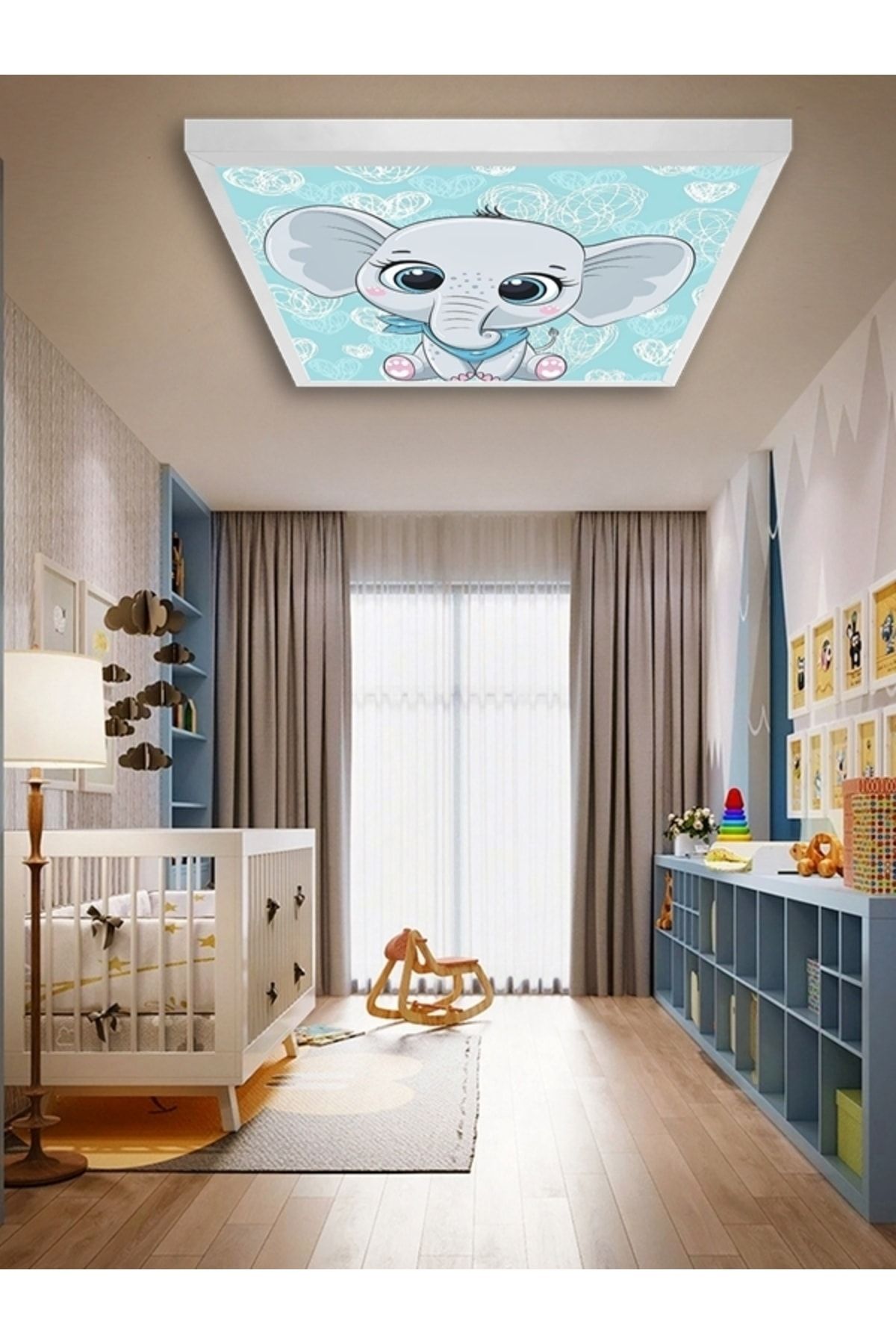 Gökyüzü Panel Oturan Fil-bebek Odası Avize-60cmx60cm-54watt-led-çoçuk Odası Avize Modelleri-bebek Odası Avize -led