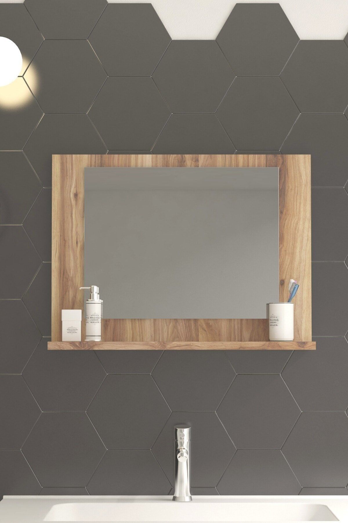 L'occi Concept Miami Dekoratif 60x45 Cm Raflı Antre Hol Koridor Duvar Salon Mutfak Banyo Aynası Ceviz Ayna