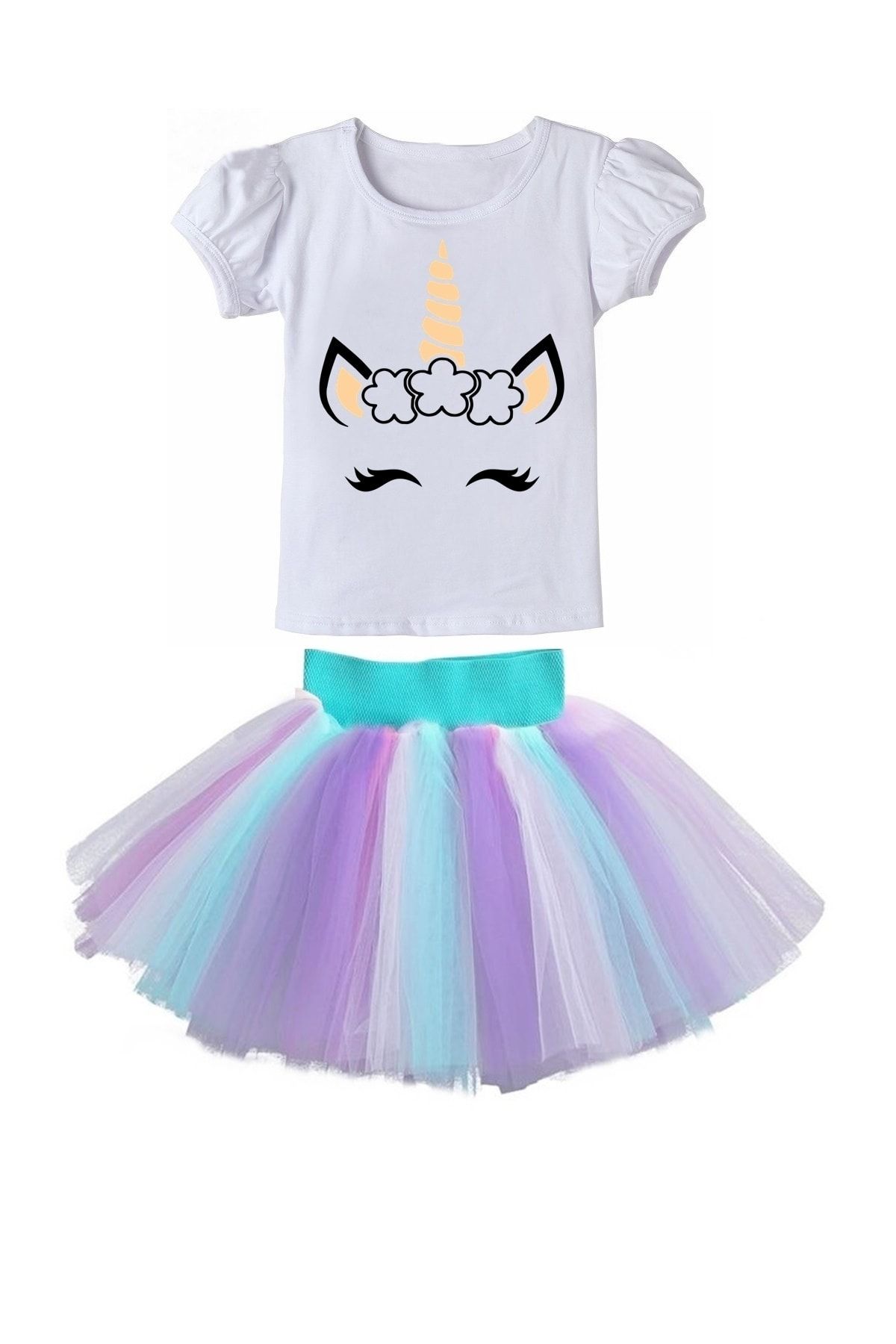 bba new trend Unicorn T-shirt,renkli Tütü Etek,unicorn Etek , Doğum Günü Kısa Kollu Tişort