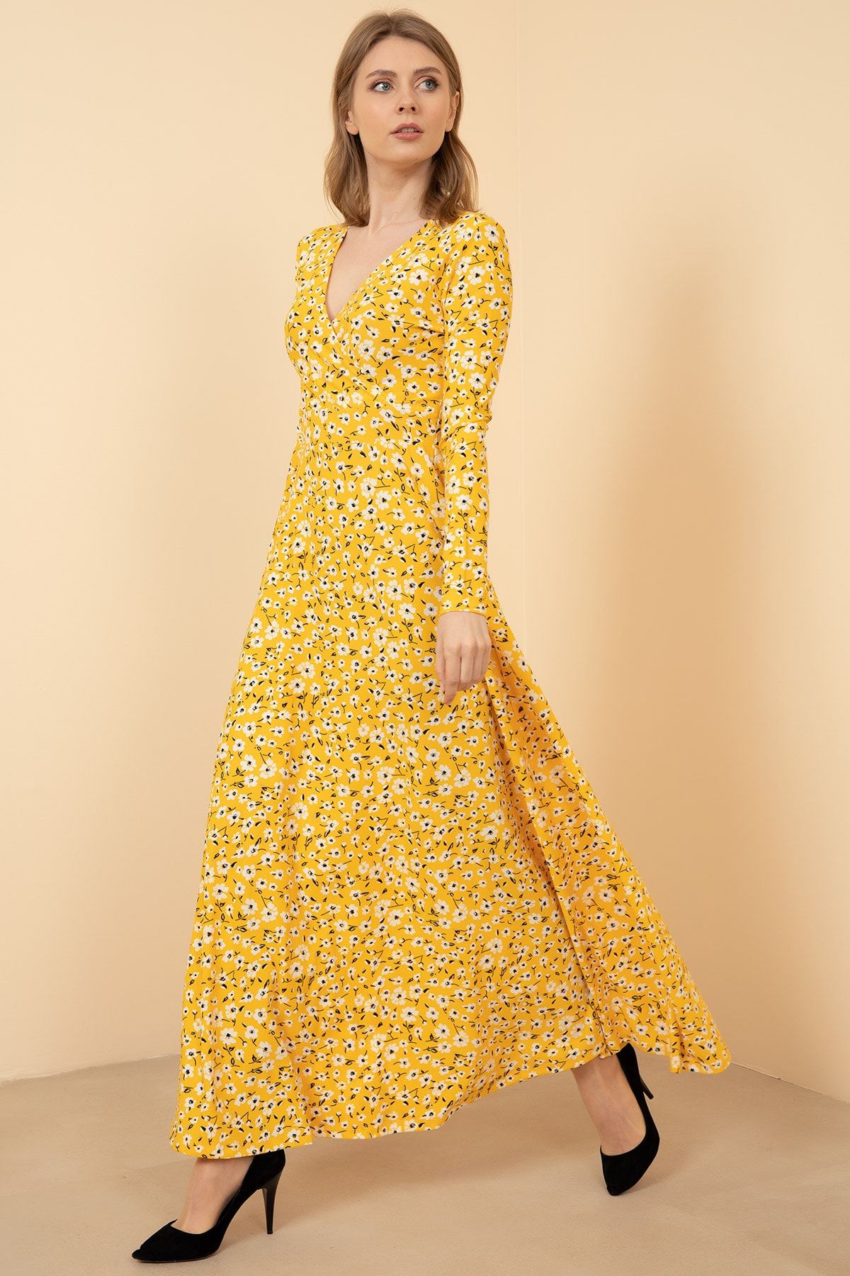 KaSheHa Hardal Kruvaze Yaka Çiçekli Uzun Elbise