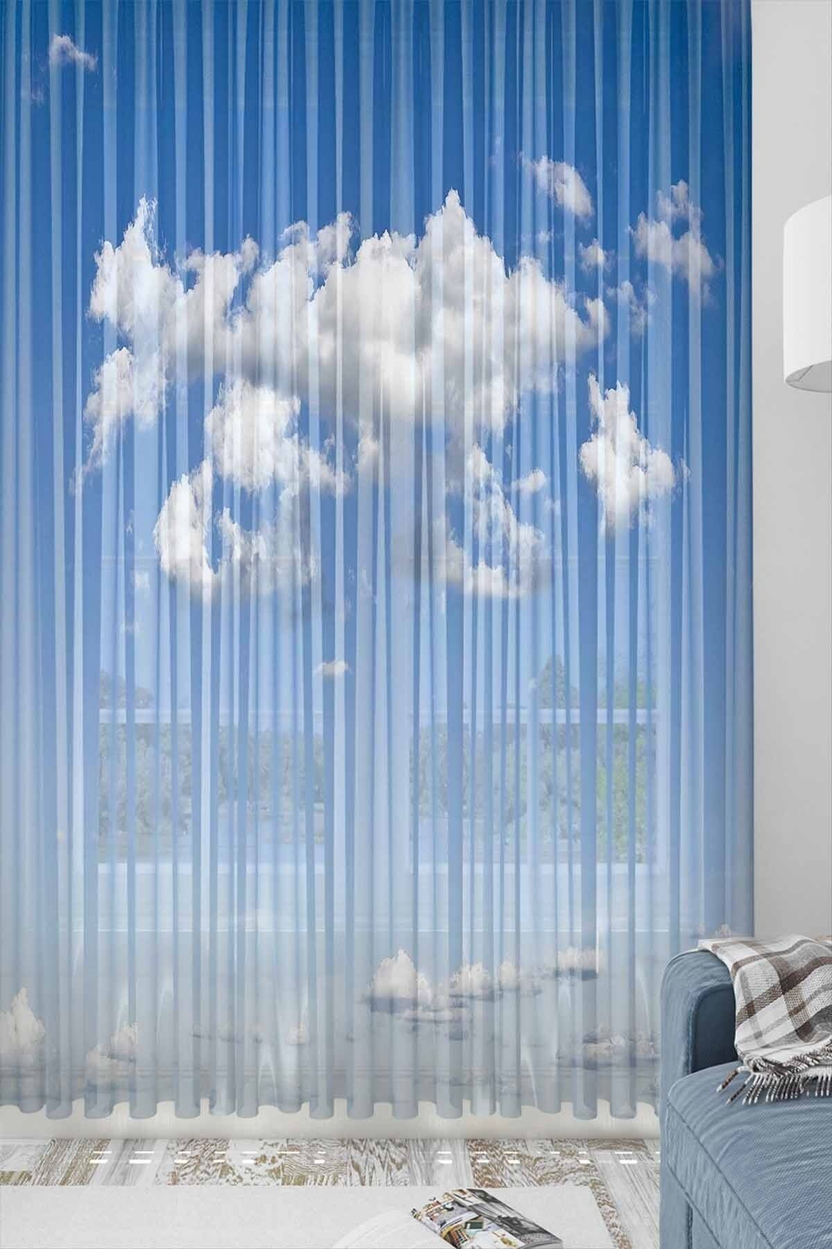 Else Dekor Mavi Bulutlar Desenli Dekoratif Modern 3d Tül Fon Perde